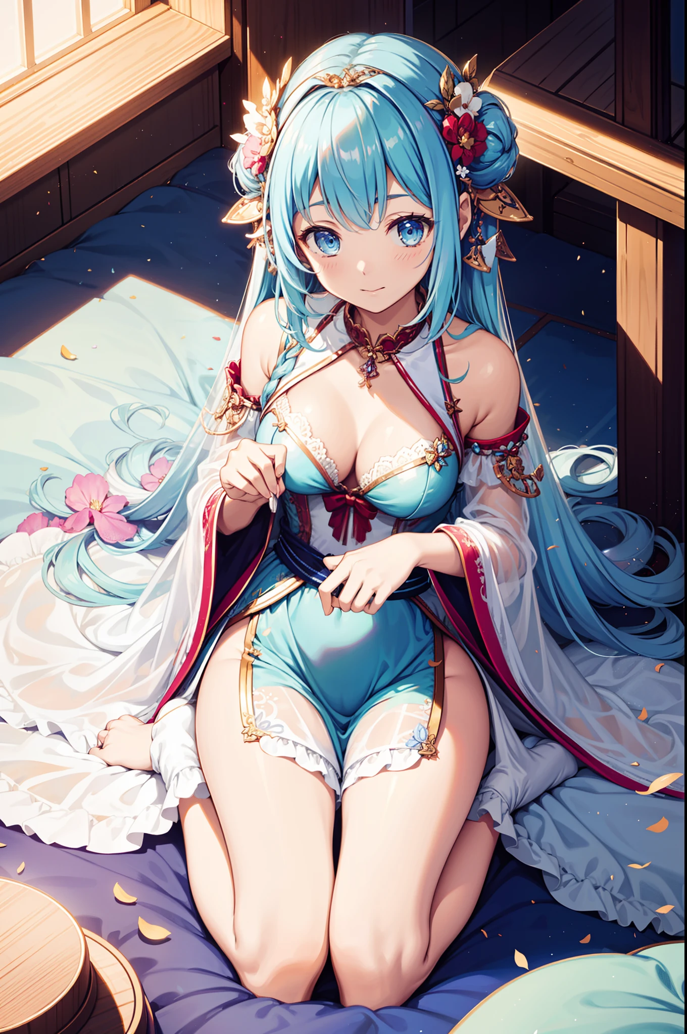 solo person，the night，inside in room，An expectant expression，Cute loli girl，See-through Pajamas，see-through sleeves，enchanted，Petal edges，Light colors，downy，Divine decoration，Sacred motifs，Lace，Ruffles，extremely detailed CG  8k wallpaper，best qualtiy，tmasterpiece，A high resolution，Delicate and beautiful face，intricate detailed clothes