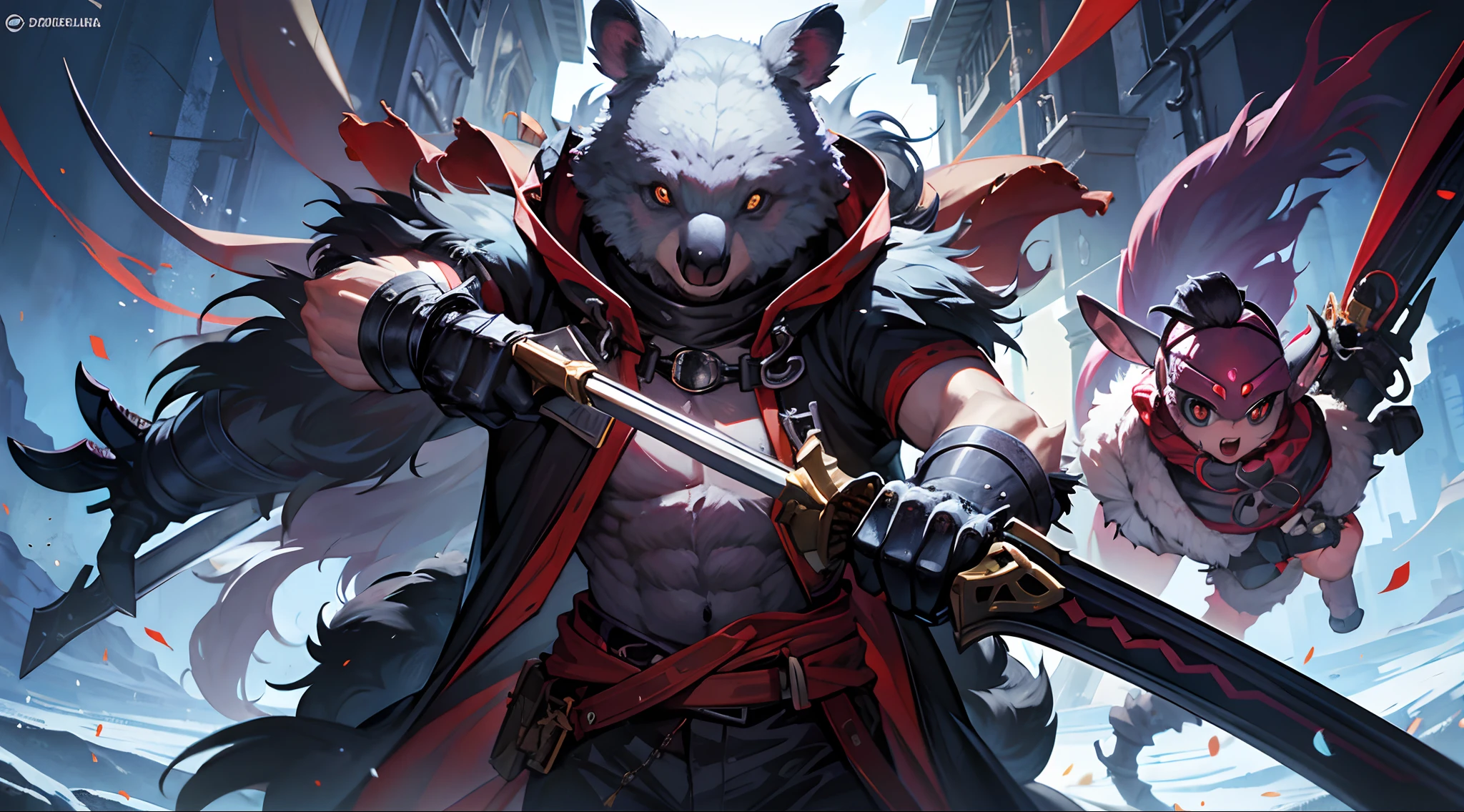 Koala animal with a big sword, Animal koala surrounded by human ninjas, Dungeon, Game Package Wind