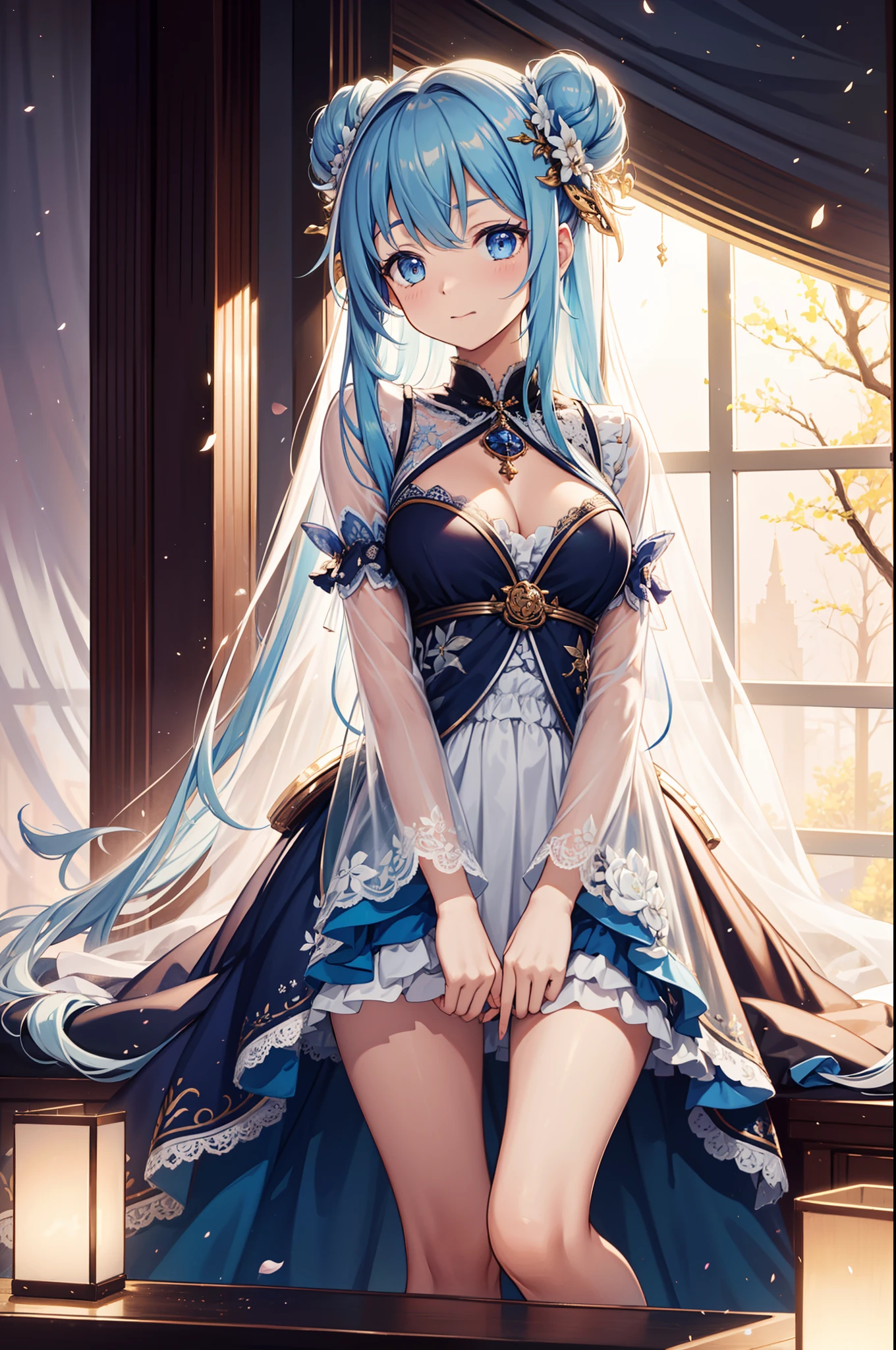 solo person，the night，inside in room，An expectant expression，Cute loli girl，See-through Pajamas，see-through sleeves，Enchanted，Petal edges，Light colors，downy，Divine decoration，Sacred motifs，Lace，Ruffles，extremely detailed CG  8k wallpaper，best qualtiy，tmasterpiece，A high resolution，Delicate and beautiful face，intricate detailed clothes