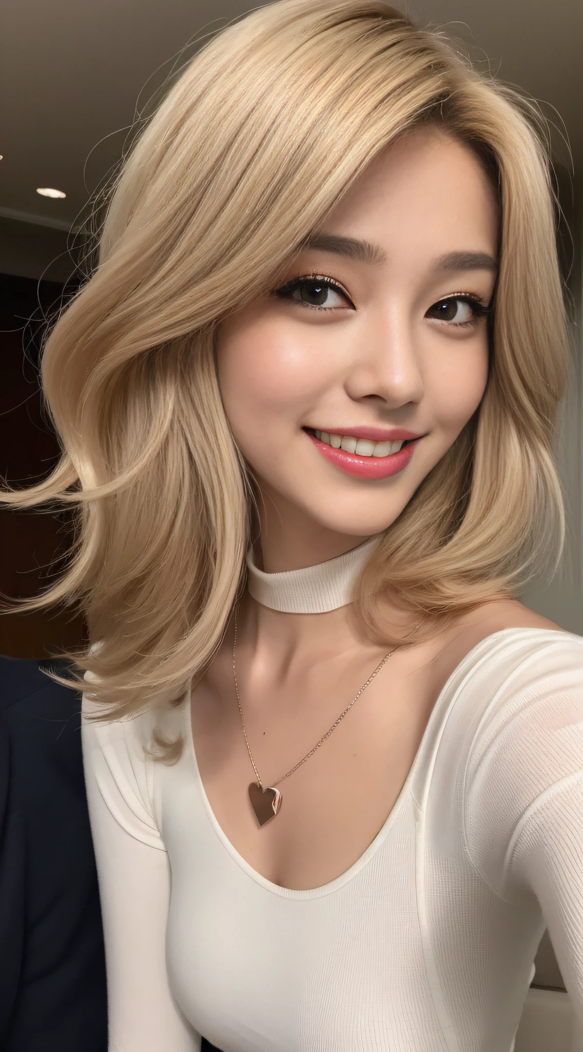 ((Midnight, Best Quality, 8K, Masterpiece: 1.3, Realistic)), Half Body: 1.2, Slender Abs: 1.2, ((Layered ash-blonde hairstyle, Medium Breasts: 1.2)), (White turtleneck: 1.1, Heart necklace: 1.1), (Plane seats, In a plane), Highly detailed face and skin texture, detailed eyes, double eyelids, 1 person, (Seductive smile, Seductive pose, Face looking at the camera, Taking a selfie, Selfie: 1.1)