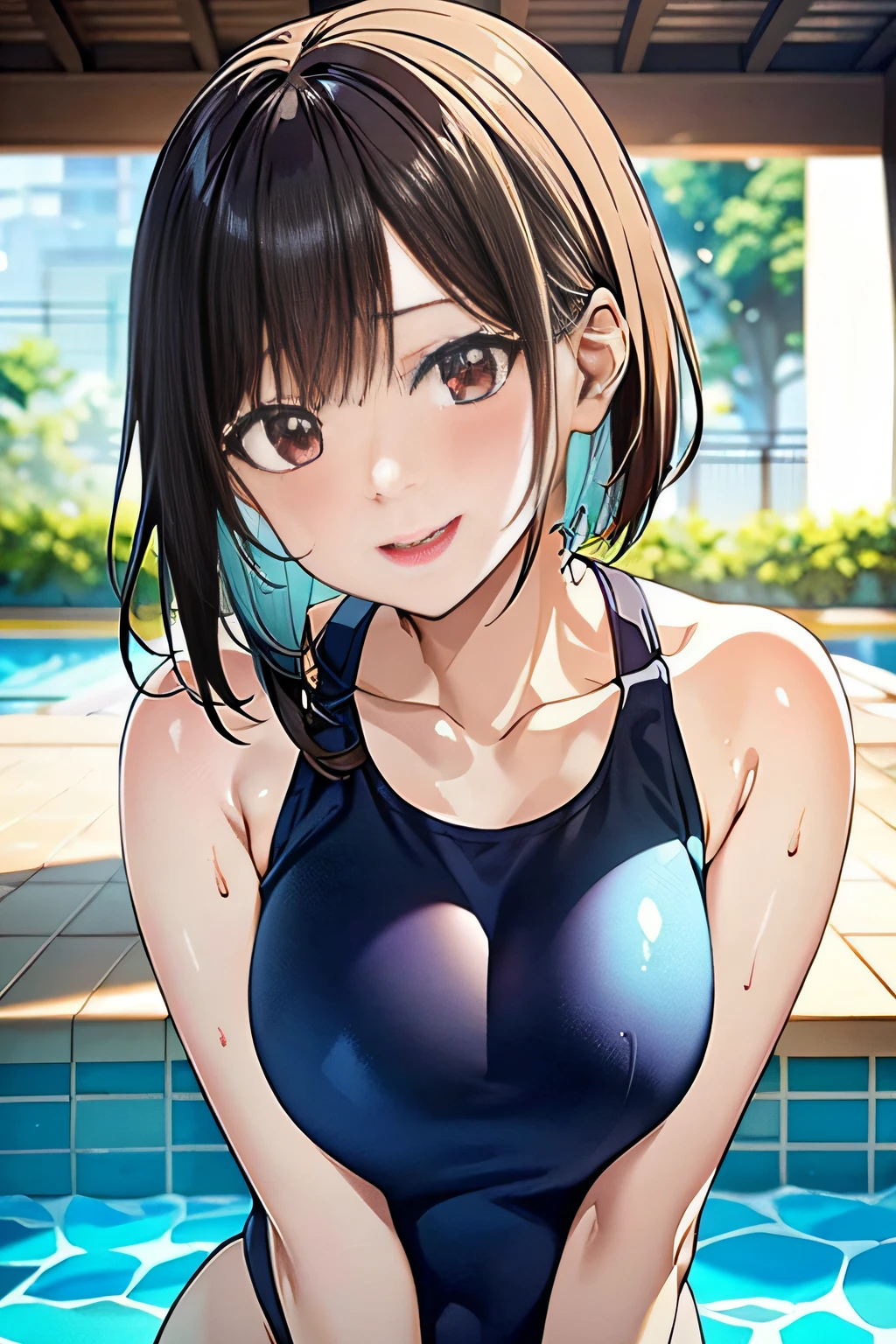 in poolside,Wet Dress Competition Swimwear,Expressed with a glossy iridescent orange metallic luster、Bright competitive swimsuit ,large full breasts,Beautiful breast slip,wetted skin,Wet face,(Glossy light brown and orange two-tone wavy short-cut hair),(wet and disheveled hair),Cute round face red lipstick,A cute face that makes the viewer happy,crouching down,bending forward,Digital Illustration,(natural soft light),(Sunlight),(Professional Lighting),(Photorealsitic:1.3),(Raw photo.),(masutepiece,top-quality,Ultra-high resolution output image,) (The 8k quality,),(Image Mode Ultra HD,)