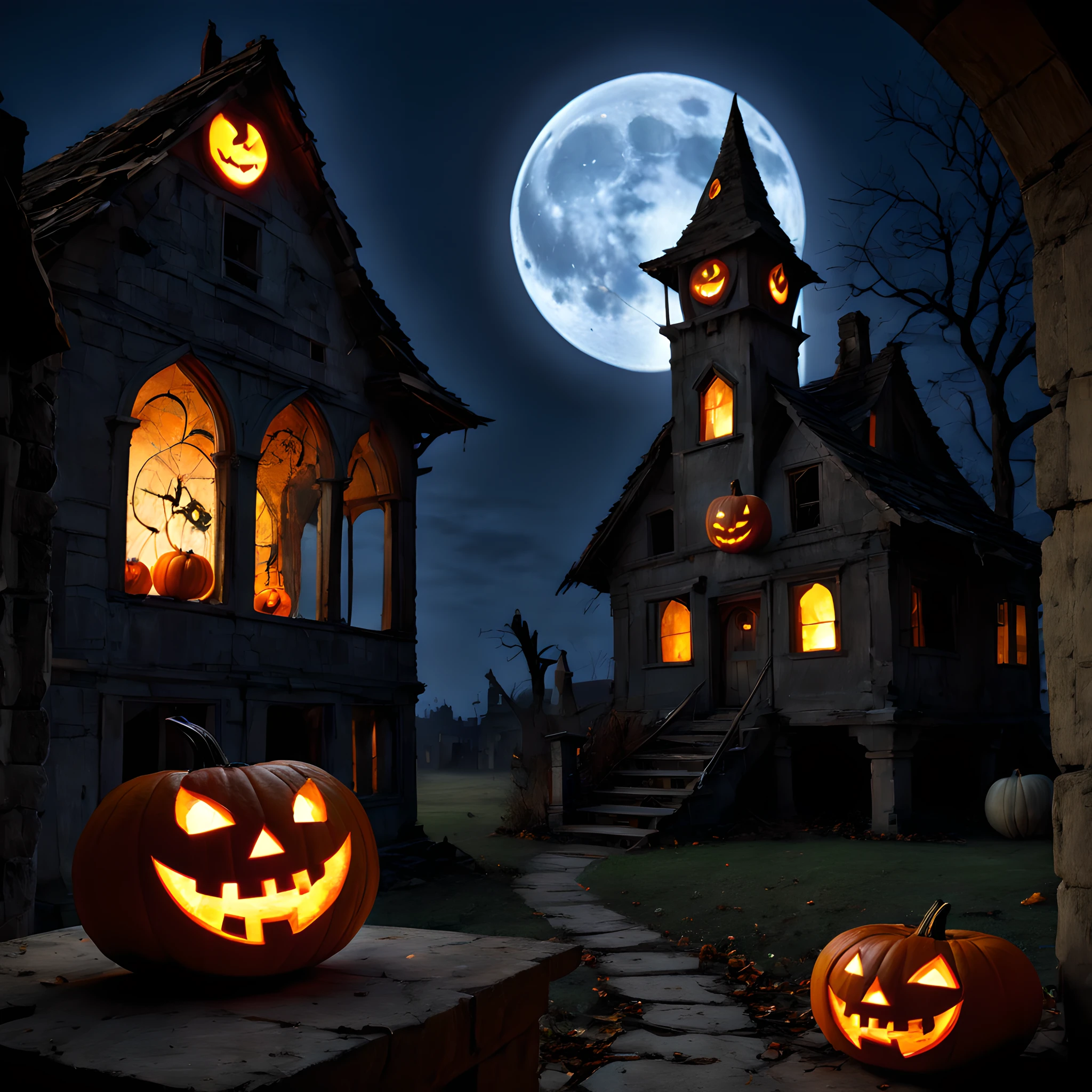 A Halloween scene with pumpkins and a house, uma pintura fosca detalhada por Pamela Ascherson, Vencedor do concurso Pixabay, gothic art, Luz cintilante, vibe sinistra, behance HD