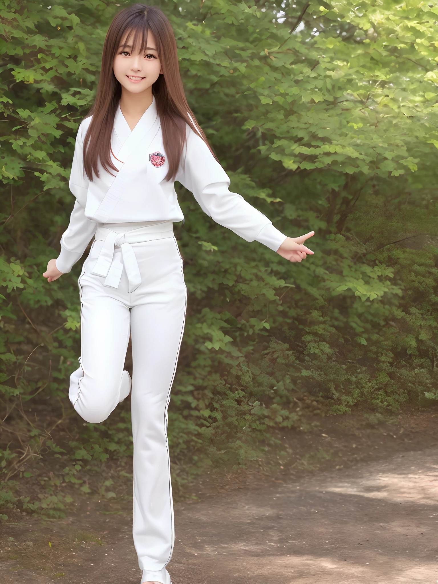 (Photorealsitic)(sixteen years old), Perfectly beautiful woman, (Full body 8K portrait), Large and dynamic hand and foot movements, White Karate Uniform, White karate pants, Large bust,Stand alone, Large and dynamic hand and foot movements, Make a high side kick, Correct skeleton, Perfect facial detail, (Smile: 1.15), attractive beautiful face, gazing at viewer, a small face, 二重まぶた, Beautiful detailed eyes, long eyeslashes, ligh brown hair, poneyTail, Toned waist, Beautiful thin legs, toned ankles, bare-legged ,TOKYOcty