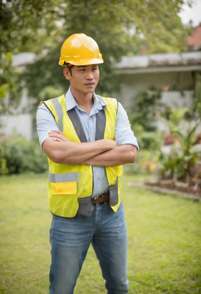 Project background shoot, Garden construction, well drilling construction work on the garden, an Indonesian construction guy (wearing construction vest, wearing yellow construction helmet) is explaining about how to use water pump to a beautiful college girl (white skin, Indonesian female model, blue shirt, white blouse, blue jeans)