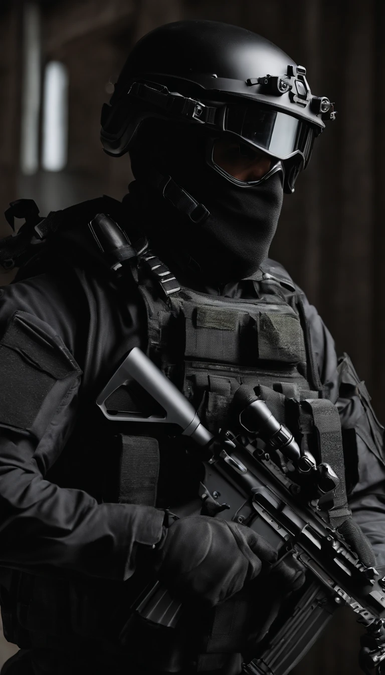 (Best quality,4K,8K,A high resolution,Masterpiece:1.2),Ultra-detailed,(Realistic,Photorealistic,photo-realistic:1.37), One of them wore a black SWAT uniform，Man in black helmet, A man in a black mask holds a gun, Air rifle CQB, French Special Operations, realistic soldiers, Soldiers in tactical equipment, tactical gear, cinematic —ar 16:9, realistic military equipment, Tactical armor, Black tactical equipment, combat outfit, Futuristic soldier costume, special forces security(Best quality,4K,8K,A high resolution,Masterpiece:1.2),Ultra-detailed,(Realistic,Photorealistic,photo-realistic:1.37), One of them wore a black SWAT uniform，Man in black helmet, A man wearing a black skull mask holds a gun, Air rifle CQB, French Special Operations, realistic soldiers, Soldiers in tactical equipment, tactical gear, cinematic —ar 16:9, realistic military equipment, Tactical armor, Black tactical equipment, combat outfit, Futuristic soldier costume, special forces security