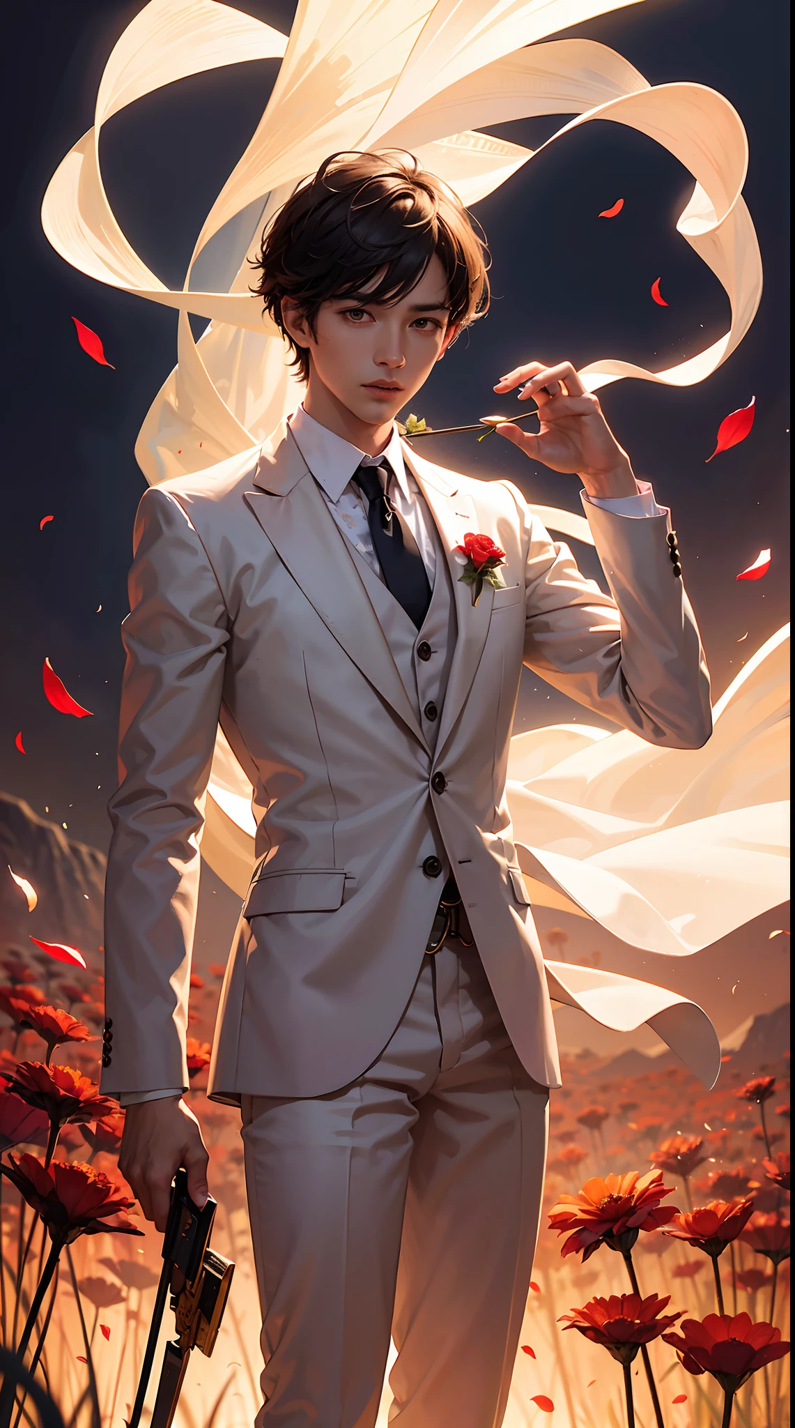 The man is wearing a white suit and tie. Biting red flowers, tie tie pose. floral savanna background. flower petals flying in the atmosphere.biting the flower stem pose. dark atmosphere, hd backround, light and dark balance, sunset aura