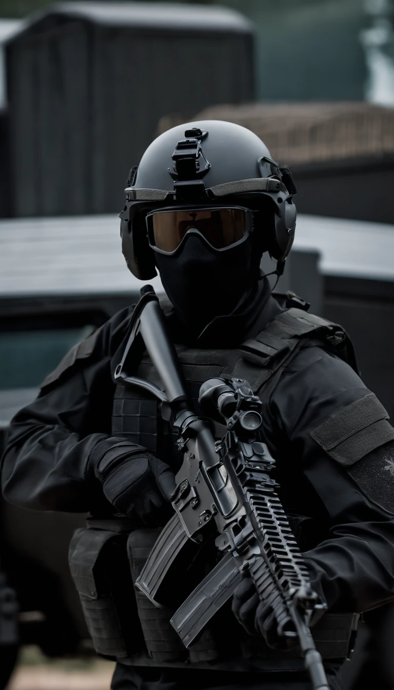 (Best quality,4K,8K,A high resolution,Masterpiece:1.2),Ultra-detailed,(Realistic,Photorealistic,photo-realistic:1.37), One of them wore a black SWAT uniform，Man in black helmet, A man in a black mask holds a gun, Air rifle CQB, French Special Operations, realistic soldiers, Soldiers in tactical equipment, tactical gear, cinematic —ar 16:9, realistic military equipment, Tactical armor, Black tactical equipment, combat outfit, Futuristic soldier costume, special forces security(Best quality,4K,8K,A high resolution,Masterpiece:1.2),Ultra-detailed,(Realistic,Photorealistic,photo-realistic:1.37), One of them wore a black SWAT uniform，Man in black helmet, A man wearing a black skull mask holds a gun, Air rifle CQB, French Special Operations, realistic soldiers, Soldiers in tactical equipment, tactical gear, cinematic —ar 16:9, realistic military equipment, Tactical armor, Black tactical equipment, combat outfit, Futuristic soldier costume, special forces security