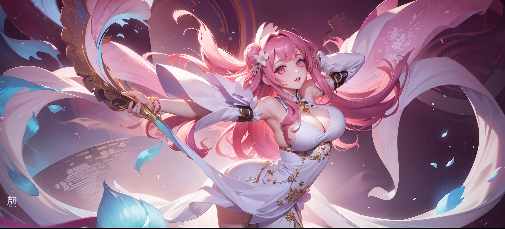 ((big breasts)), 1girl, solo, long hair, looking at viewer, hair ornament, dress, jewelry, upper body, pink hair, flower, parted lips, teeth, hair flower, pink eyes, hair bun, bracelet, white dress, chinese clothes