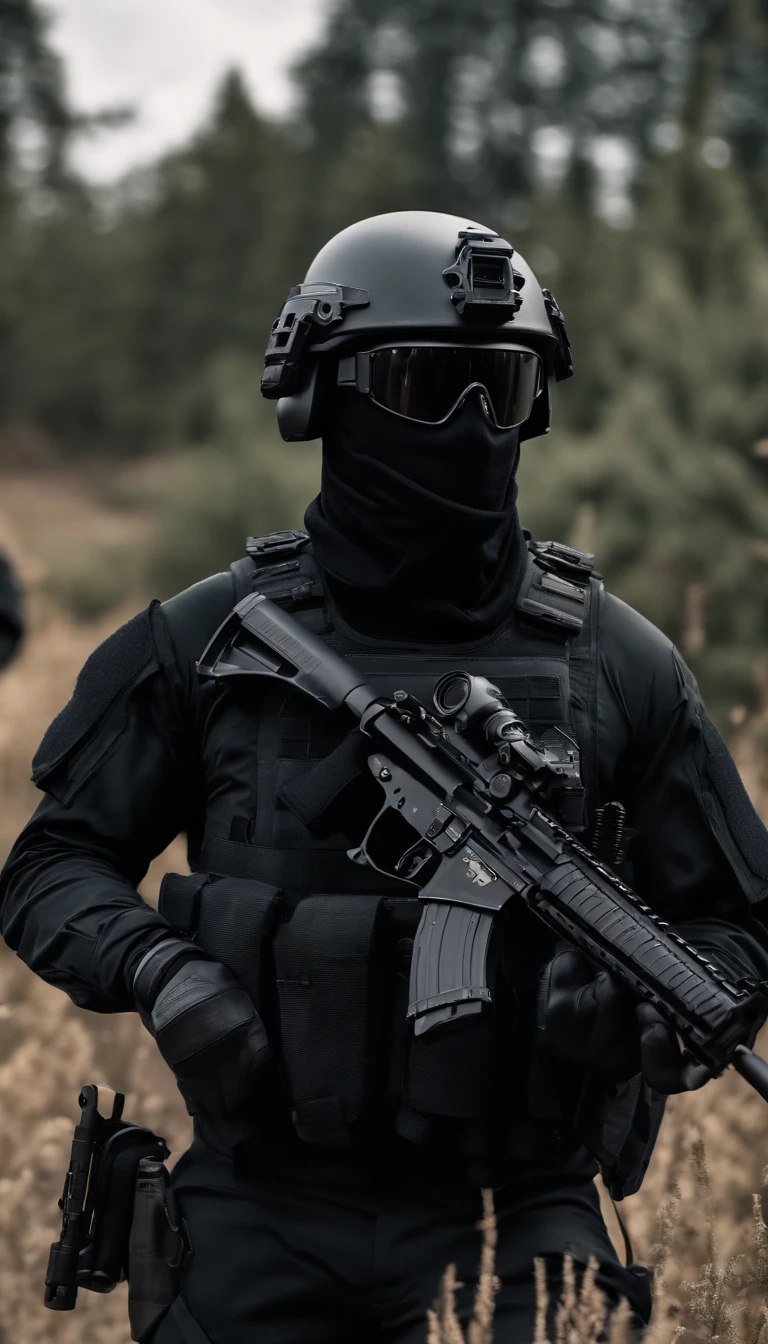 (Best quality,4K,8K,A high resolution,Masterpiece:1.2),Ultra-detailed,(Realistic,Photorealistic,photo-realistic:1.37), One of them wore a black SWAT uniform，Man in black helmet, A man in a black mask holds a gun, Air rifle CQB, French Special Operations, realistic soldiers, Soldiers in tactical equipment, tactical gear, cinematic —ar 16:9, realistic military equipment, Tactical armor, Black tactical equipment, combat outfit, Futuristic soldier costume, special forces security(Best quality,4K,8K,A high resolution,Masterpiece:1.2),Ultra-detailed,(Realistic,Photorealistic,photo-realistic:1.37), One of them wore a black SWAT uniform，Man in black helmet, A man wearing a black skull mask holds a gun, Air rifle CQB, French Special Operations, realistic soldiers, Soldiers in tactical equipment, tactical gear, cinematic —ar 16:9, realistic military equipment, Tactical armor, Black tactical equipment, combat outfit, Futuristic soldier costume, special forces security