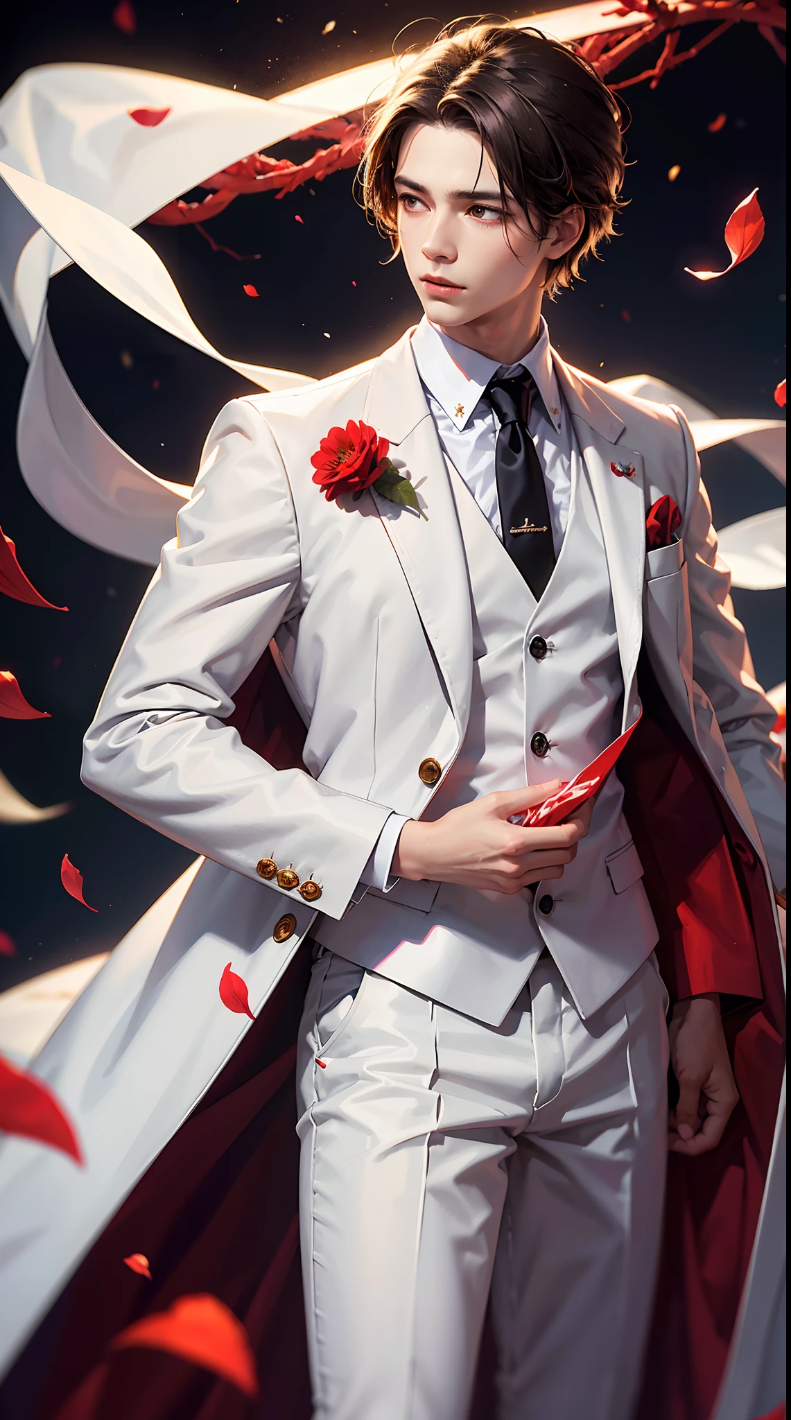 The man is wearing a white suit and tie. Biting red flowers, tie tie pose. floral savanna background. flower petals flying in the atmosphere.biting the flower stem pose. dark atmosphere, hd backround, light and dark balance, sunset aura
