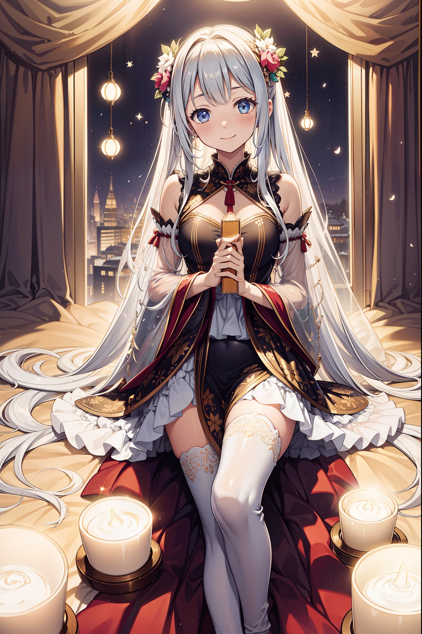 solo person,the night,inside in room,Happy expression,Cute loli girl,See-through Pajamas,see-through sleeves,Enchanted,Petal edges,Light colors,downy,Divine decoration,Sacred motifs,Lace,Ruffles,extremely detailed CG 8k wallpaper,best qualtiy,tmasterpiece,A high resolution,Delicate and beautiful face,intricate detailed clothes