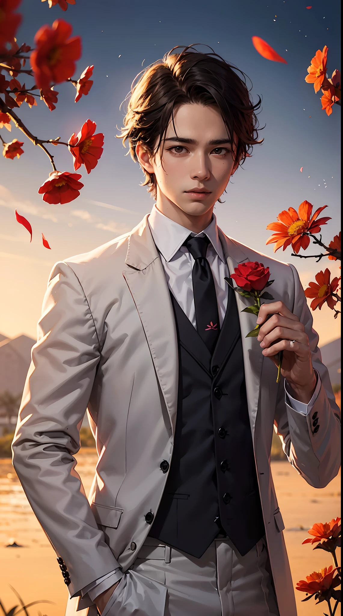 The man is wearing a white suit and tie. Biting red flowers, tie tie pose. floral savanna background. flower petals flying in the atmosphere.biting the flower stem pose. dark atmosphere, hd backround, light and dark balance, sunset aura