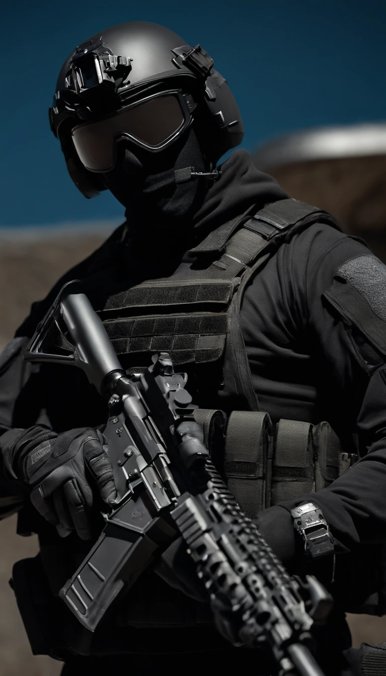 (Best quality,4K,8K,A high resolution,Masterpiece:1.2),Ultra-detailed,(Realistic,Photorealistic,photo-realistic:1.37), One of them wore a black SWAT uniform，Man in black helmet, A man in a black mask holds a gun, Air rifle CQB, French Special Operations, realistic soldiers, Soldiers in tactical equipment, tactical gear, cinematic —ar 16:9, realistic military equipment, Tactical armor, Black tactical equipment, combat outfit, Futuristic soldier costume, special forces security(Best quality,4K,8K,A high resolution,Masterpiece:1.2),Ultra-detailed,(Realistic,Photorealistic,photo-realistic:1.37), One of them wore a black SWAT uniform，Man in black helmet, A man wearing a black skull mask holds a gun, Air rifle CQB, French Special Operations, realistic soldiers, Soldiers in tactical equipment, tactical gear, cinematic —ar 16:9, realistic military equipment, Tactical armor, Black tactical equipment, combat outfit, Futuristic soldier costume, special forces security