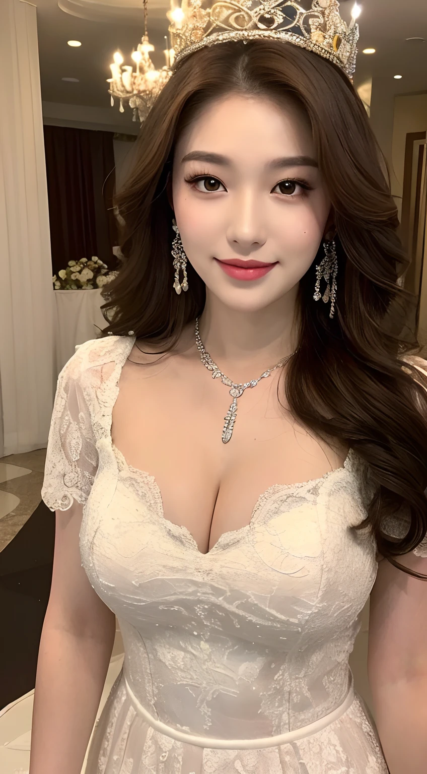 ((Best Quality, 8K, Masterpiece: 1.3)), 1girl, Perfect Body Beauty: 1.3, (Long Random Thick Diva Hairstyle Casual), (( Long Wavy Brown Hair)), (Queen), (Exposed Big Breasts), (Wedding Dress), Super Fine Face, Fine Eyes, Double Eyelids, Smile, Short Skirt, Lace Panties, Earrings, Necklace, Crown,