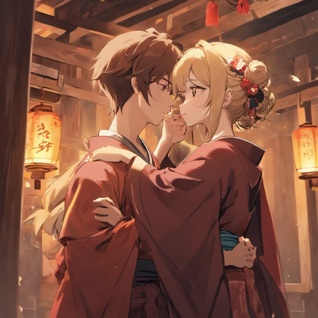 Anime couple in dark brown kimonos standing in front of the building, Japanese art style,Valentine's Day illustration, Embrace each other,They kiss busts romantically in a sea of flowers,((Cat ears)),((Yellow eyes)),(((Dark brown kimono))),(White hair),(Short hair)