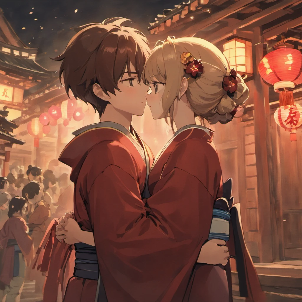 Anime couple in dark brown kimonos standing in front of the building, Japanese art style,Valentine's Day illustration, Embrace each other,They kiss busts romantically in a sea of flowers,((Cat ears)),((Yellow eyes)),(((Dark brown kimono))),(White hair),(Short hair)