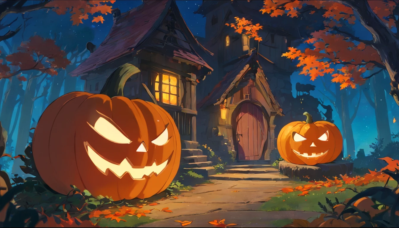 (close-up, detailed, vibrant) jack-o-lantern, (whimsical, enchanted, magical) witch's house, (detailed, mysterious) eyes in the darkness, (eerie, atmospheric) orange glow, (dramatic, haunting) shadows, (autumnal, colorful) leaves falling, (sinister, twisted) vines crawling, (creepy, cackling) background whispers, (captivating, enchanting) moonlit sky, (mystical, otherworldly) aura, (flickering, candlelit) windows, (elegant, witchy) silhouette, (spooky, spellbinding) atmosphere, (whimsical, artistic) style, (bold, contrasting) colors, (moody, dark) undertones, (mysterious, bewitching) mood.