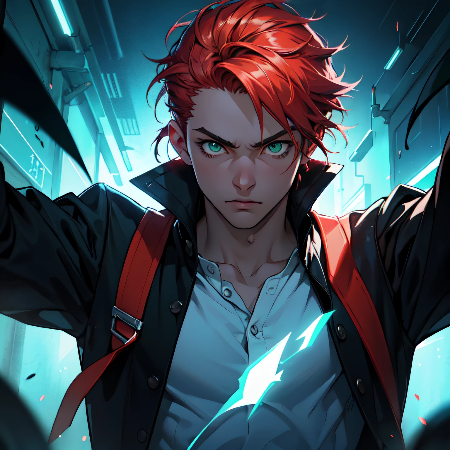 1boy, young, vibrant green Eyes, Red Hair, delinquent school uniform, torso Shot, school Background, Ultra High Definition, Ultra High Quality, Extremely Detailed, Perfectly Detailed, Masterpiece, 8k, volumetric lighting, lumen reflections, dramatic lighting, epic composition,