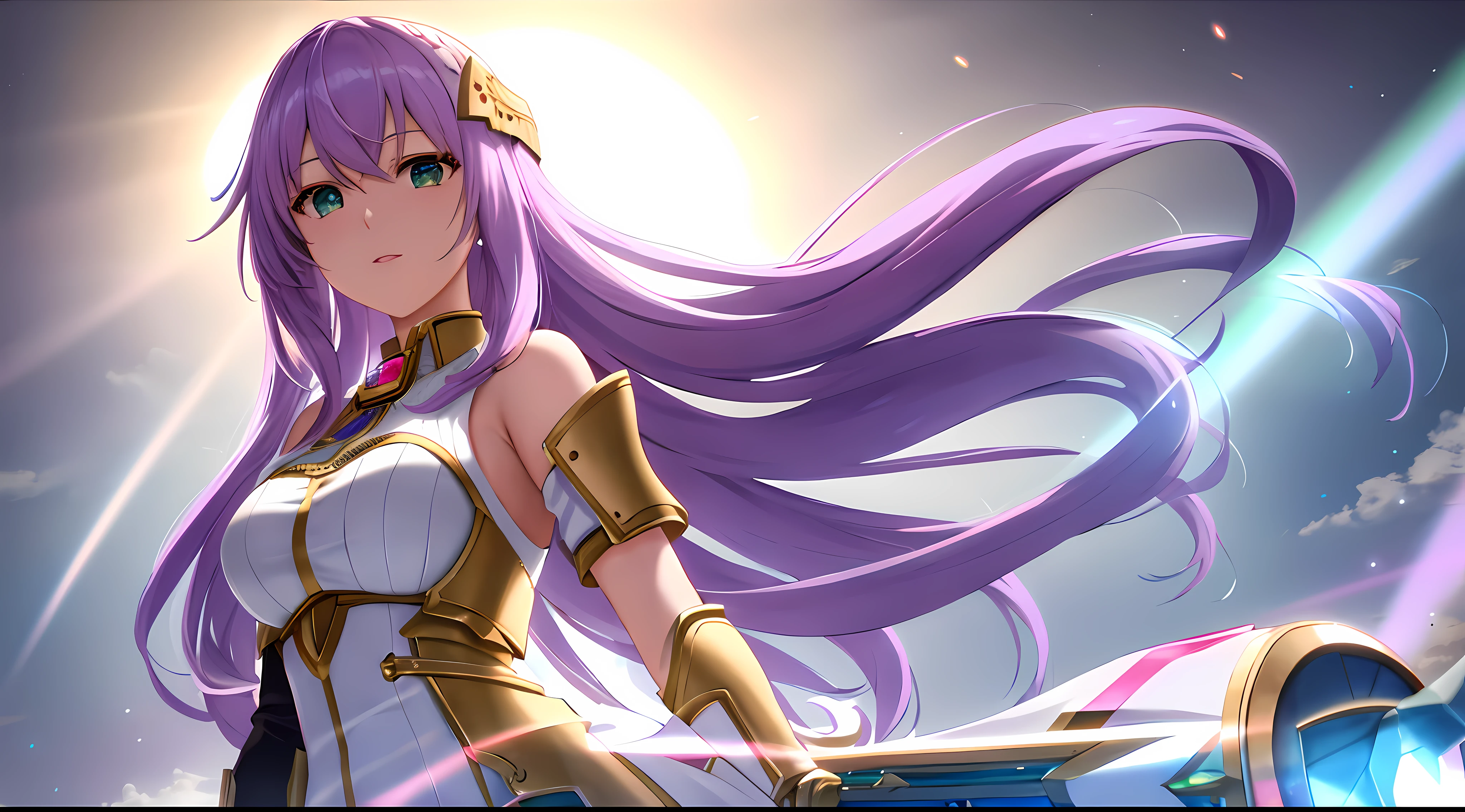 Athena with plain long light purple hair,hair between eyes,green eyes,rosy cheeks,full lips,thin eyebrows,slender body,wearing knight armor pauldrons and full long skirt,holding shield,praying beads on neck,cute anime girl,full body,red desert in background,anime style,Lumen Reflections,Screen Space Reflections,Diffraction Grading,Chromatic Aberration,GB Displacement,Scan Lines,Ray Traced,Anti-Aliasing,FXAA,TXAA,RTX,SSAO,Shaders,OpenGL-Shaders, GLSL-Shaders,Post Processing,Post-Production,cell Shading,Tone Mapping,CGI,VFX,SFX,insanely detailed and intricate, 4K,standing, solo, masterpiece, best quality, detailed face, detailed eyes, highres, standing, solo,masterpiece, best quality