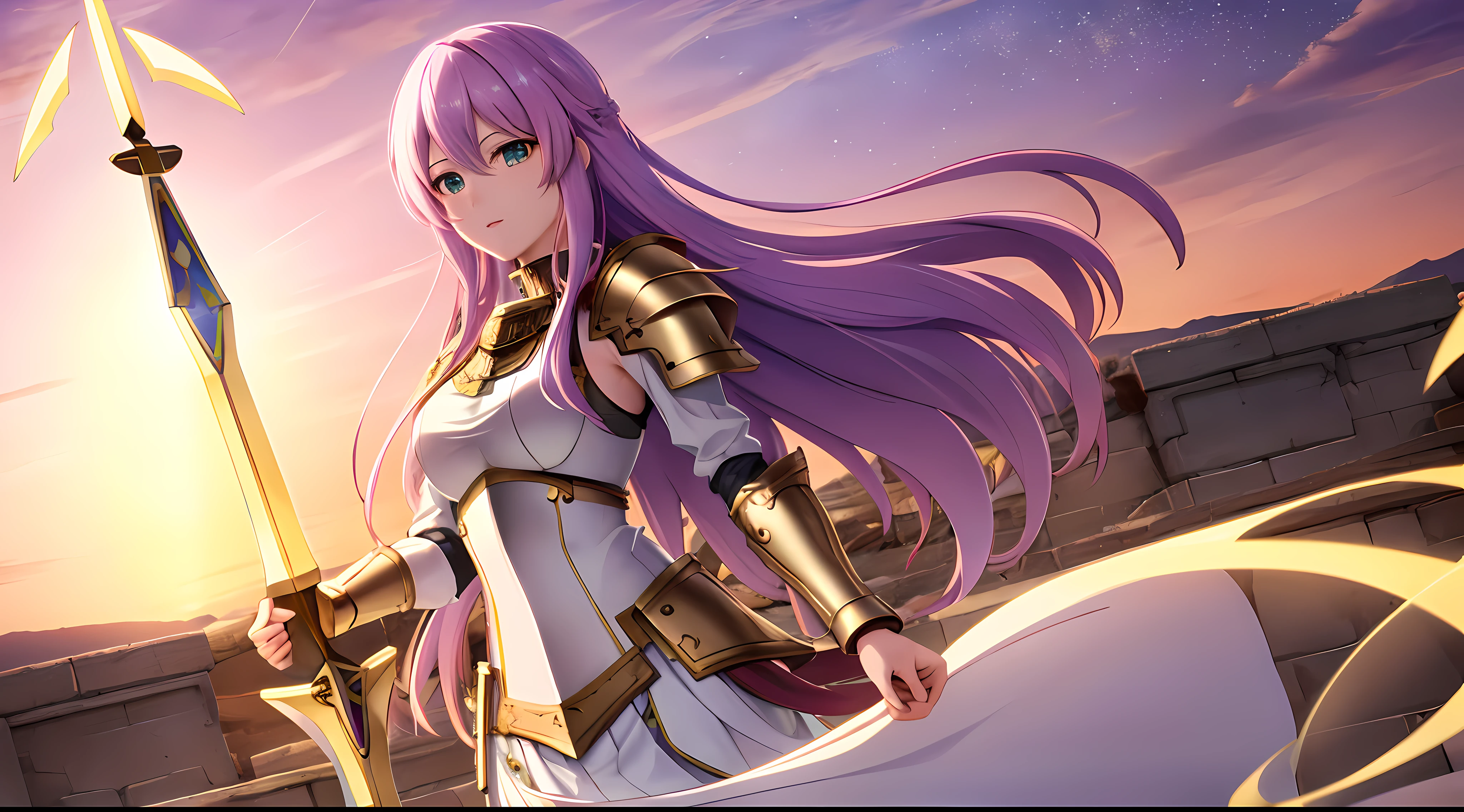 Athena with plain long light purple hair,hair between eyes,green eyes,rosy cheeks,full lips,thin eyebrows,slender body,wearing knight armor pauldrons and full long skirt,holding shield,praying beads on neck,cute anime girl,full body,red desert in background,anime style,Lumen Reflections,Screen Space Reflections,Diffraction Grading,Chromatic Aberration,GB Displacement,Scan Lines,Ray Traced,Anti-Aliasing,FXAA,TXAA,RTX,SSAO,Shaders,OpenGL-Shaders, GLSL-Shaders,Post Processing,Post-Production,cell Shading,Tone Mapping,CGI,VFX,SFX,insanely detailed and intricate, 4K,standing, solo, masterpiece, best quality, detailed face, detailed eyes, highres, standing, solo,masterpiece, best quality