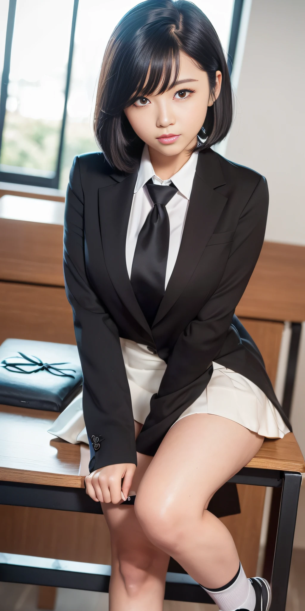 realistic woman, (business executive), 18 years old girl, (gray blazer, ribbon, 50% folded miniskirt, socks, private school uniform: 1.2), executive boardroom, beautiful detail in eyes, light on face, ((full body photo: 1.2)), especially strong light, (upper eyes, smile: 1.2), shiny skin, (((black hair, bob hair: 1.2))), (thick thighs), ulzzang-6500- v1.1: 0.2, bashful, (flash: 1.2), NSFW, (bloated), ((seductive posture: 1.2, attractiveness: 1.2)), (idle), (sitting at executive table: 1.2)), (( very good anatomy)), ((bright and refreshing classroom)), perfect face, cute and symmetrical face, (low Angle Shot: 1.2)s., Natural side lighting, (( top quality, masterpieces), High Definition RAW color