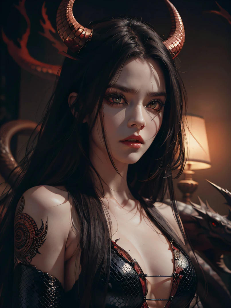a beautiful dragon woman with horns on her head, seductive face, riding a boy on a bed, bedroom background, (best quality,4k,8k,highres,masterpiece:1.2),ultra-detailed,(realistic,photorealistic,photo-realistic:1.37),detailed eyes,detailed lips,extremely detailed face,long eyelashes,8k, highly detailed, intricate, exquisite, dramatic lighting, vivid colors, fantasy, dark,cinematic