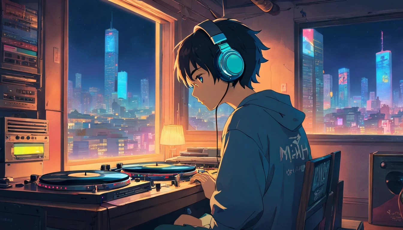 Photo of a man listening to music with headphones, text Why you, Super Detail, Retro wave, Cyberpunk, sad vibe, night light through the window, Jamaican flag through the window, night vibes, One bedroom, 2D, (Longshot), wide shot, (noise of the film), OLD CARTOON, (many records: 1.3), vinyl record store, (masterpiece, Very high quality, Very high quality, Official Art, Beautiful and Aesthetic: 1.2), (very detailed, (Fractal Art: 1.4 ), Guitar, (notes: 1.4), (lo-fi hip-hop), side view, old anime texture, alone, Loudspeaker, Cyberpunk, vinyl, Night