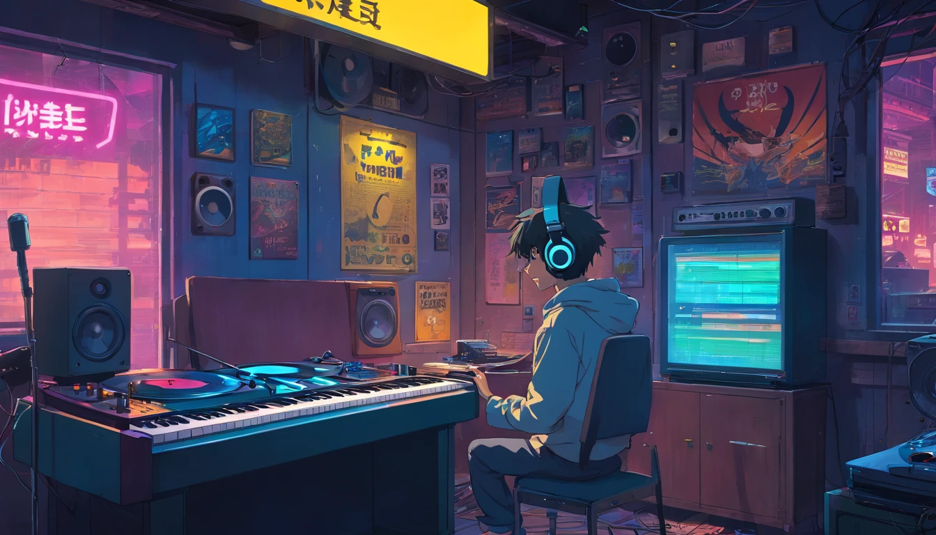 Photo of a man listening to music with headphones, text Why you, Super Detail, Retro wave, Cyberpunk, sad vibe, night light through the window, Jamaican flag through the window, night vibes, One bedroom, 2D, (Longshot), wide shot, (noise of the film), OLD CARTOON, (many records: 1.3), vinyl record store, (masterpiece, Very high quality, Very high quality, Official Art, Beautiful and Aesthetic: 1.2), (very detailed, (Fractal Art: 1.4 ), Guitar, (notes: 1.4), (lo-fi hip-hop), side view, old anime texture, alone, Loudspeaker, Cyberpunk, vinyl, Night