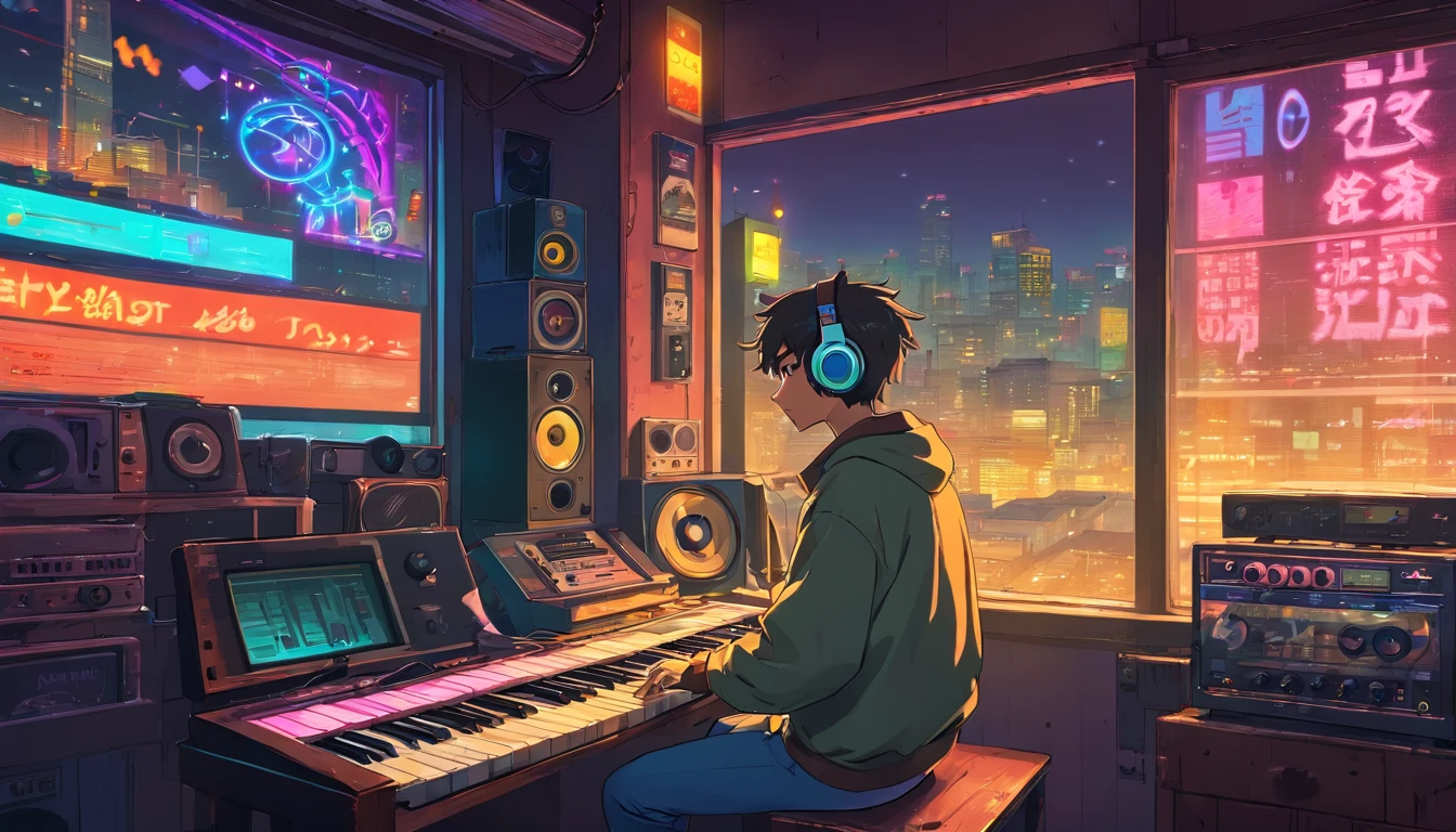 Photo of a man listening to music with headphones, text Why you, Super Detail, Retro wave, Cyberpunk, sad vibe, night light through the window, Jamaican flag through the window, night vibes, One bedroom, 2D, (Longshot), wide shot, (noise of the film), OLD CARTOON, (many records: 1.3), vinyl record store, (masterpiece, Very high quality, Very high quality, Official Art, Beautiful and Aesthetic: 1.2), (very detailed, (Fractal Art: 1.4 ), Guitar, (notes: 1.4), (lo-fi hip-hop), side view, old anime texture, alone, Loudspeaker, Cyberpunk, vinyl, Night