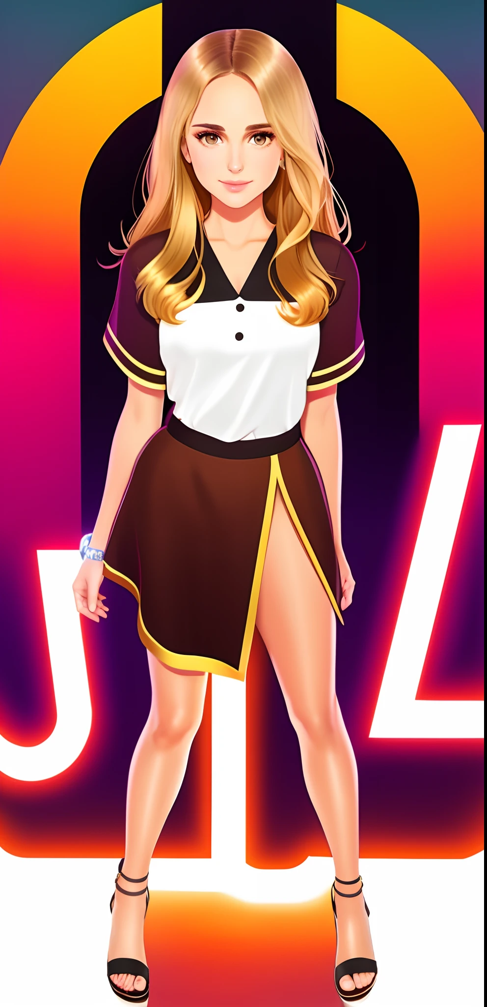 uo,flat vector art, ABBA singer,woman,beautiful anime style woman,Natalie Portman,(dark brown eyes),big smile,Blonde hair,flat colors,cute head,standing in the center of the view,,wide angle,epicted in a full body shot. She is the main focus of the image, capturing her elegance and beauty,clean detailed faces, intracate clothing, analogous colors, glowing shadows, beautiful gradient, depth of field, clean image, high quality, high detail, high definition, Luminous Studio graphics engine, cute face, slim waist, nice hips