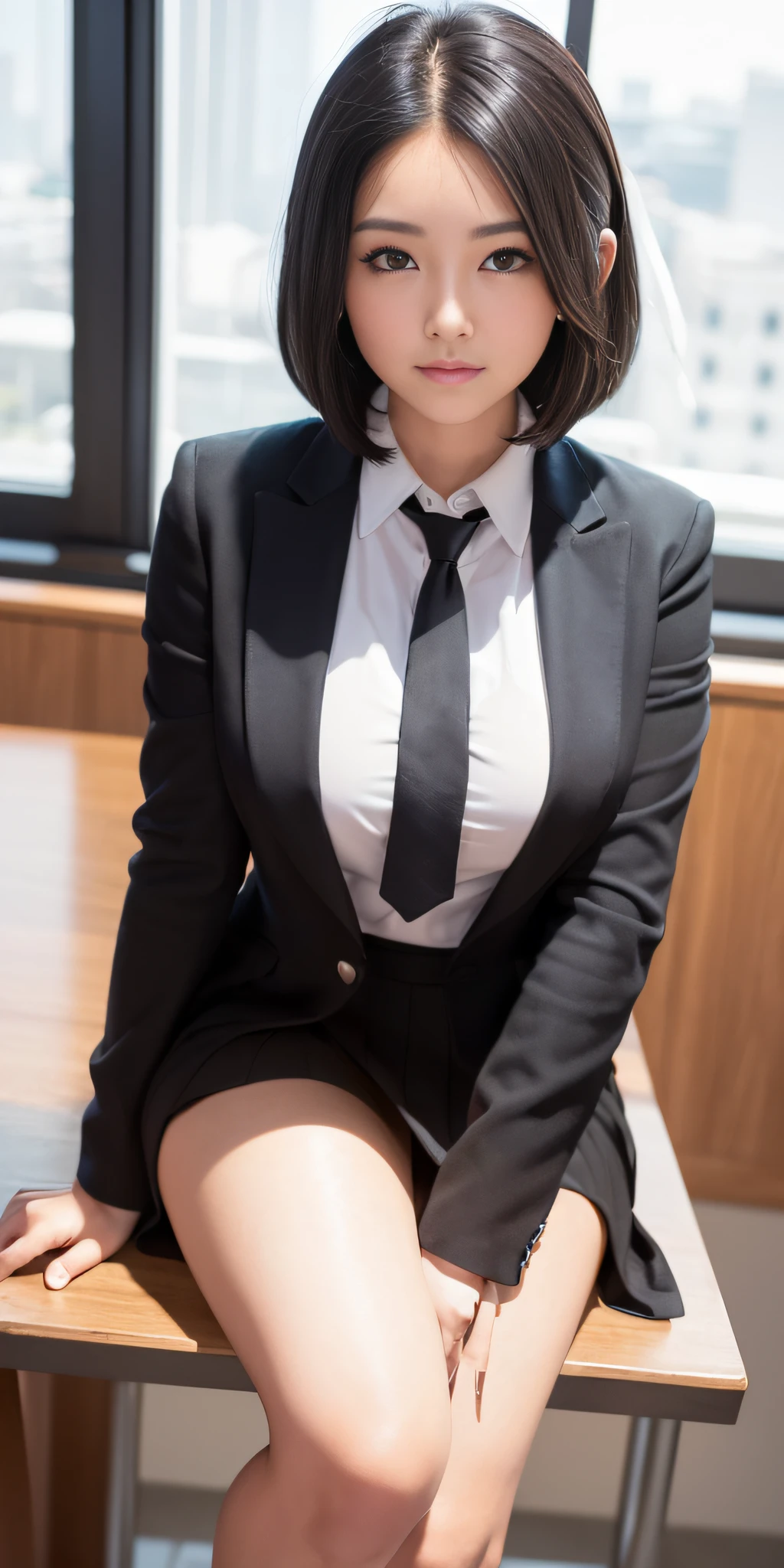 realistic woman, (business executive), 18 years old girl, (gray blazer, ribbon, 50% folded miniskirt, socks, private school uniform: 1.2), executive boardroom, beautiful detail in eyes, light on face, ((full body photo: 1.2)), especially strong light, (upper eyes, smile: 1.2), shiny skin, (((black hair, bob hair: 1.2))), (thick thighs), ulzzang-6500- v1.1: 0.2, bashful, (flash: 1.2), NSFW, (bloated), ((seductive posture: 1.2, attractiveness: 1.2)), (idle), (sitting at executive table: 1.2)), (( very good anatomy)), ((bright and refreshing classroom)), perfect face, cute and symmetrical face, (low Angle Shot: 1.2)s., Natural side lighting, (( top quality, masterpieces), High Definition RAW color