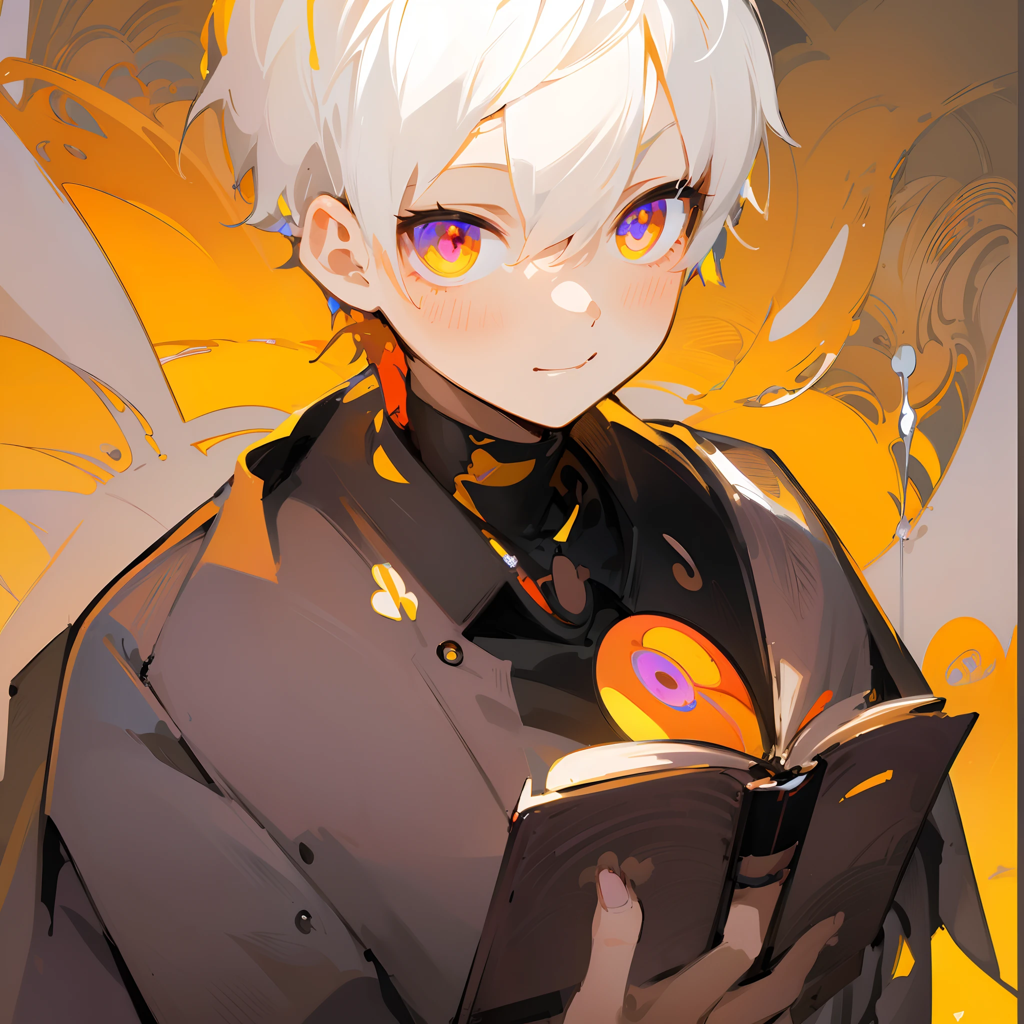 ultra-quality, ( ultra detailed original illustration), ((Chibi Mode)),( Happy look of a boy, Red Eye, Short hair, White hair, Sunny Smile, Upper body, Perfect body), ((street wear,Parker Fashion)), ((cherry blossom)(Graffiti)), double exposure, fussion of fluid abstract art, glitched, ( 2D), ( original illustration composition), ( fusion of limited color, maximalism artstyle, geometric artstyle, fire, junk art), Yellow theme, Background black, ultra-quality, ( ultra detailed original illustration), ((Chibi Mode)),( Happy look of a boy, Red Eye, Short hair, White hair, Sunny Smile, Upper body, Perfect body), ((street wear,Parker Fashion)), ((cherry blossom)(Graffiti)), double exposure, fussion of fluid abstract art, glitched, ( 2D), ( original illustration composition), ( fusion of limited color, maximalism artstyle, geometric artstyle, fire, junk art), Yellow theme, Background black, 1 boy,star-shaped pupils,Fingernails,White hair,Purple eyes,(blush:1.1),Choker,Upper body,trembling,sideways Facing,kirakira,(SPEEDLINE:1.1), Black hoodie,Handsome man in profile,Lineart color,Man with a book,frontage,Book in hand