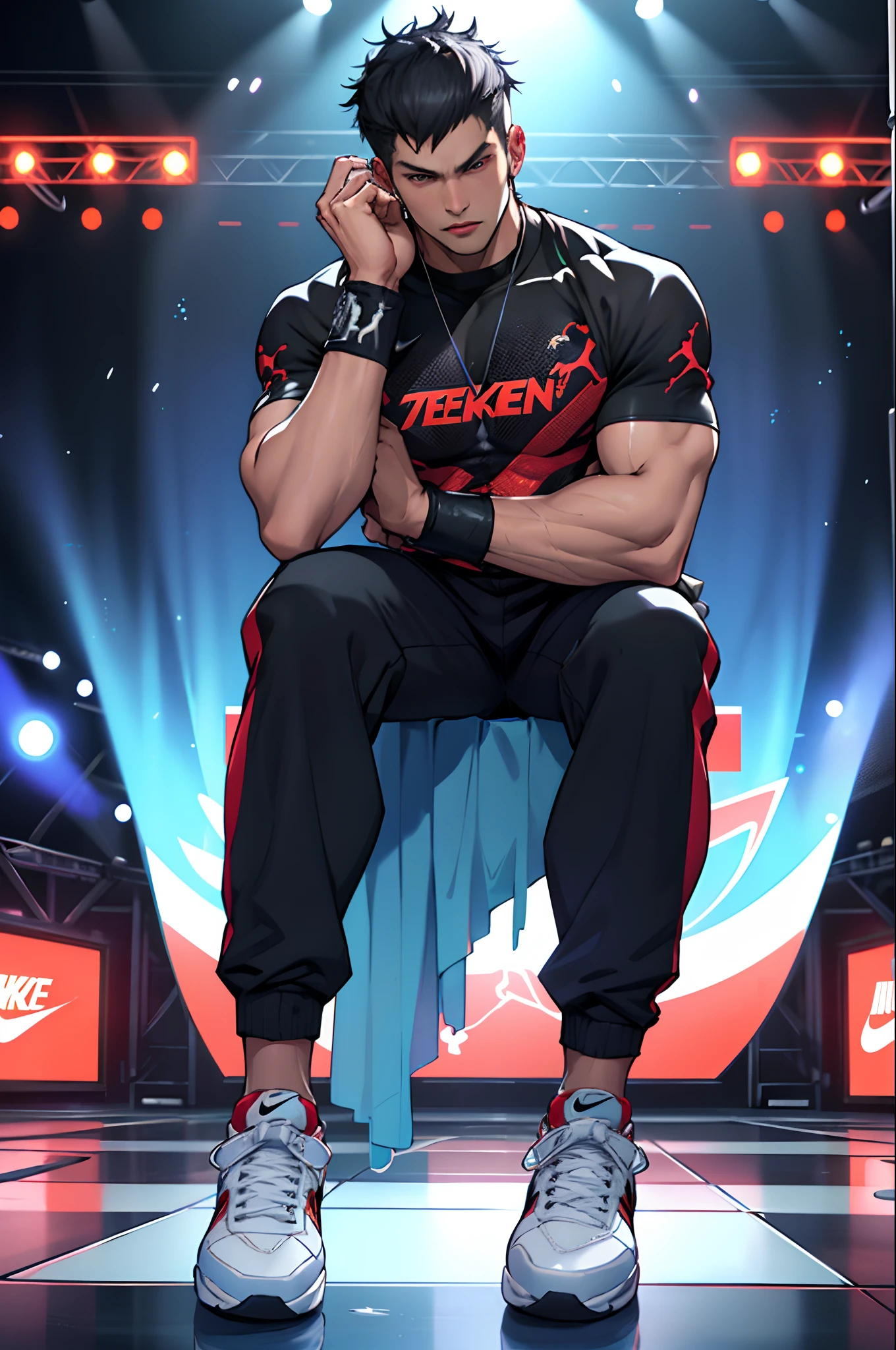 paul phoenix from tekken sitting with nike clothing on, jordan shoes, a cup of lean in the stage "Infinite Azure" from Tekken 7