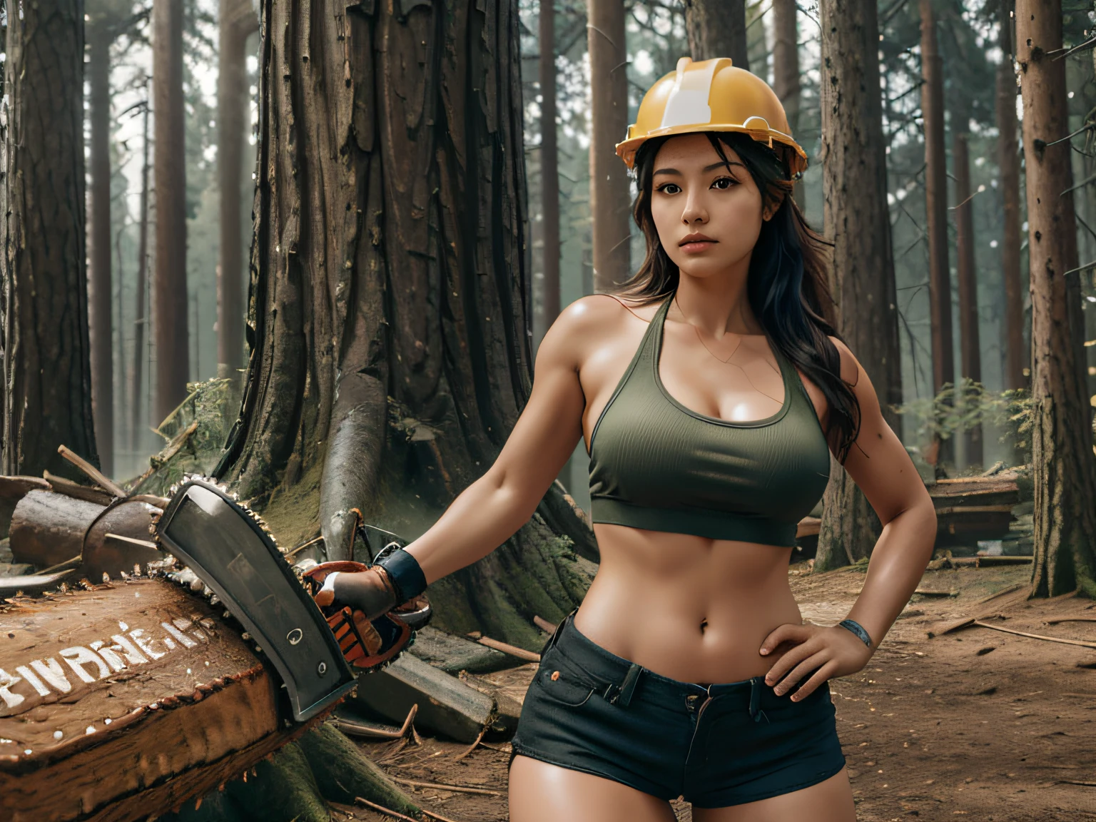 a gorgeous brunette woman in a hard hat, demin shorts, halter top, cutting a tree with a chainsaw, holding a chainsaw, chainsaw, lumberjack, forestry, chainsaw attached to hand, powerful detail, professional work, saws, extremely intricate, powerful scene, high quality photos, chainsaw man, accurate and detailed, forest hunter lady, carving, chainsaw sword, motivational, professional, portrait shot, dramatic composition, epic scale, sense of awe, ultra-high res.photorealistic:.1.4, (high detailed skin:1.2), 8k uhd, dslr, high quality, film grain, Fujifilm XT3