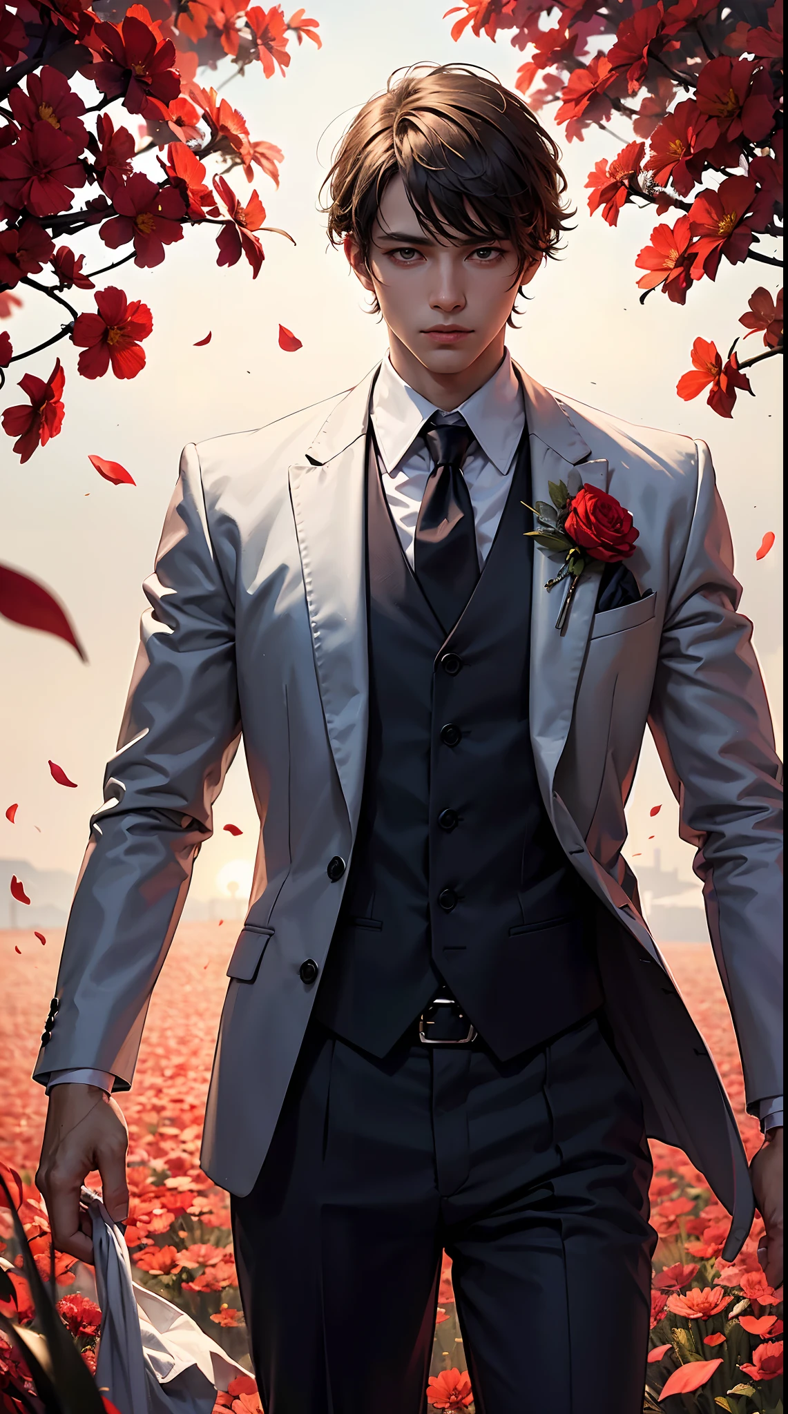 The man is wearing a white suit and tie. Biting red flowers, tie tie pose. floral savanna background. flower petals flying in the atmosphere.biting the flower stem pose. dark atmosphere, hd backround, light and dark balance, sunset aura