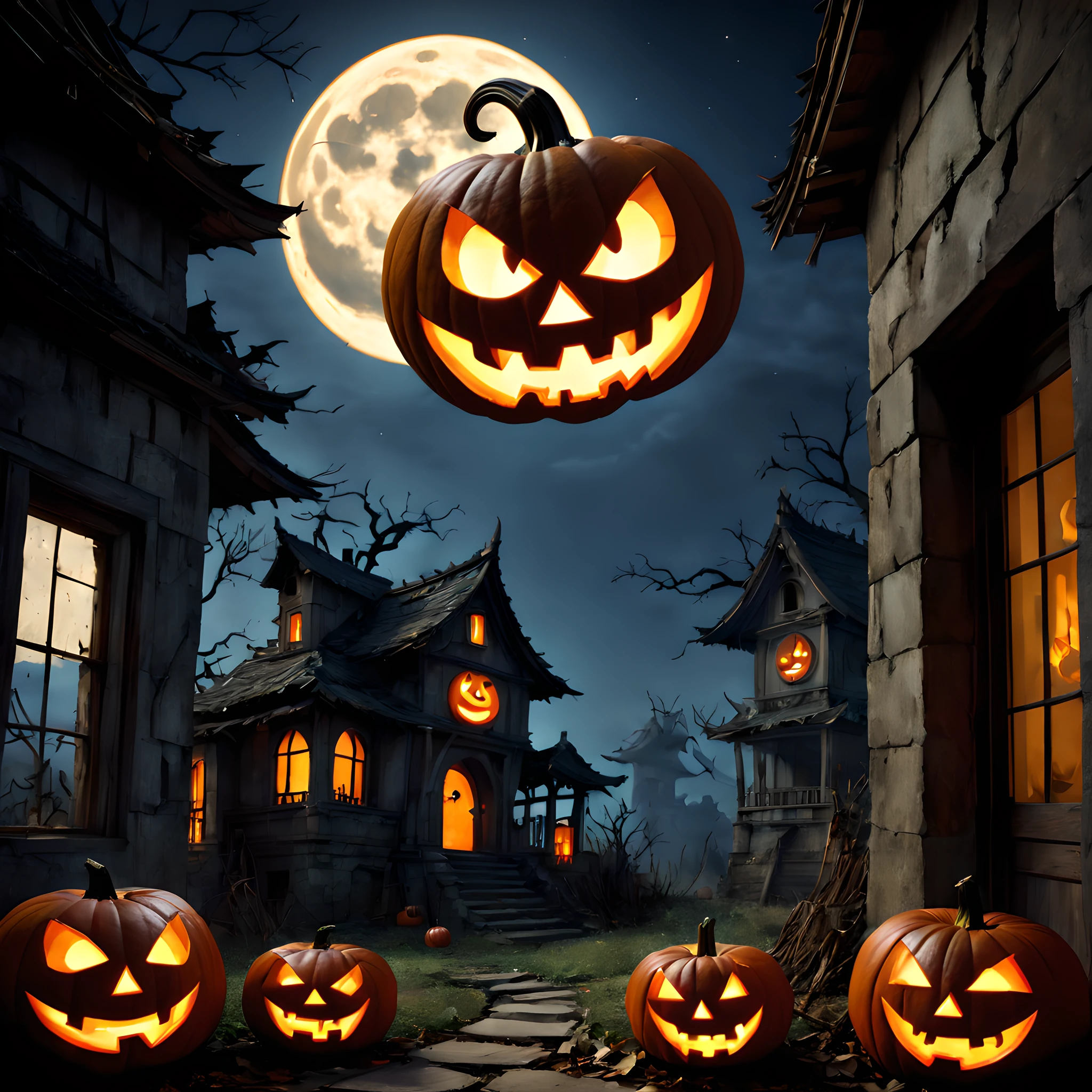 scary Jack O'lantern in the antique house, Swaying jack-o'-lantern, moon light, canny, dynamic, stain glass、ruins、retro anime, anime, japanese anime,