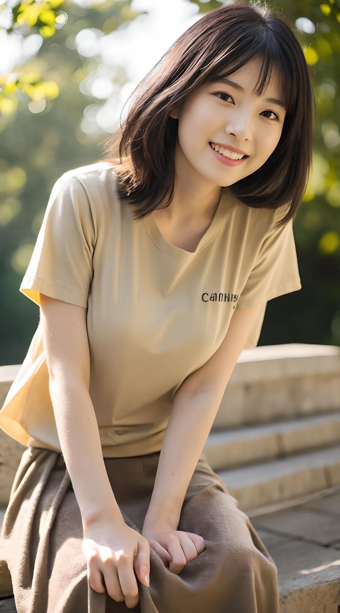(japanes),(32years old), (Slender woman), (small tits),(Slender eyes),Narrow-eyed,Single eyelid,(She is short in stature),(She wears almost no makeup),Natural makeup,thin lipss,Smiling,The length of hair to the shoulders,Black hair,(She is in a well-lit park),(She has small breasts), (((She wears a big olive-colored t-shirt))), ((She wears a long skirt in beige)), (Photorealistic), (Ray tracing), (Sharp Focus), 鎖骨, (Detailed face), natural and realistic skin textures, Soft face, (((Cameltoe))),((perfect anatomia:1.4))