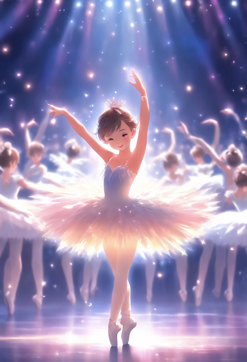 , Wear a white tutu, Dancing Swan Lake on stage, Background Black,stage lighting.