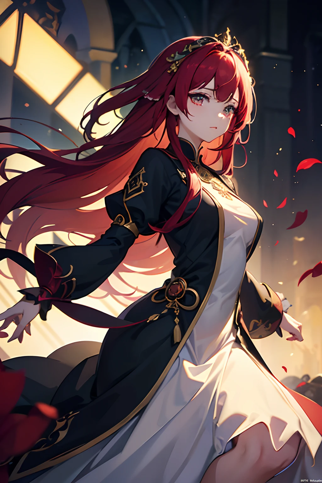 ultra-quality、masterpiece、Perfect illustration、Princess of Darkness with Bloodshot Eyes, Red hair, diadems、Extreme detailing(exquisite light and shadow、highly dramatic picture、)strokes、Inside the church、1 girl in、独奏、(Sexy dresses、)、To the light.、(white:1.3)(realisitic:1.4)、Zen entanglement、The wind blows、Official art、Unity8k wallpapers、ultra-detailliert、Beautiful and beautiful、masterpiece、top-quality、(dynamic ungle:1.4)、glistning skin、(Colorful flashes float: 1)The most beautiful chaotic shapes、burning background、bright colour、