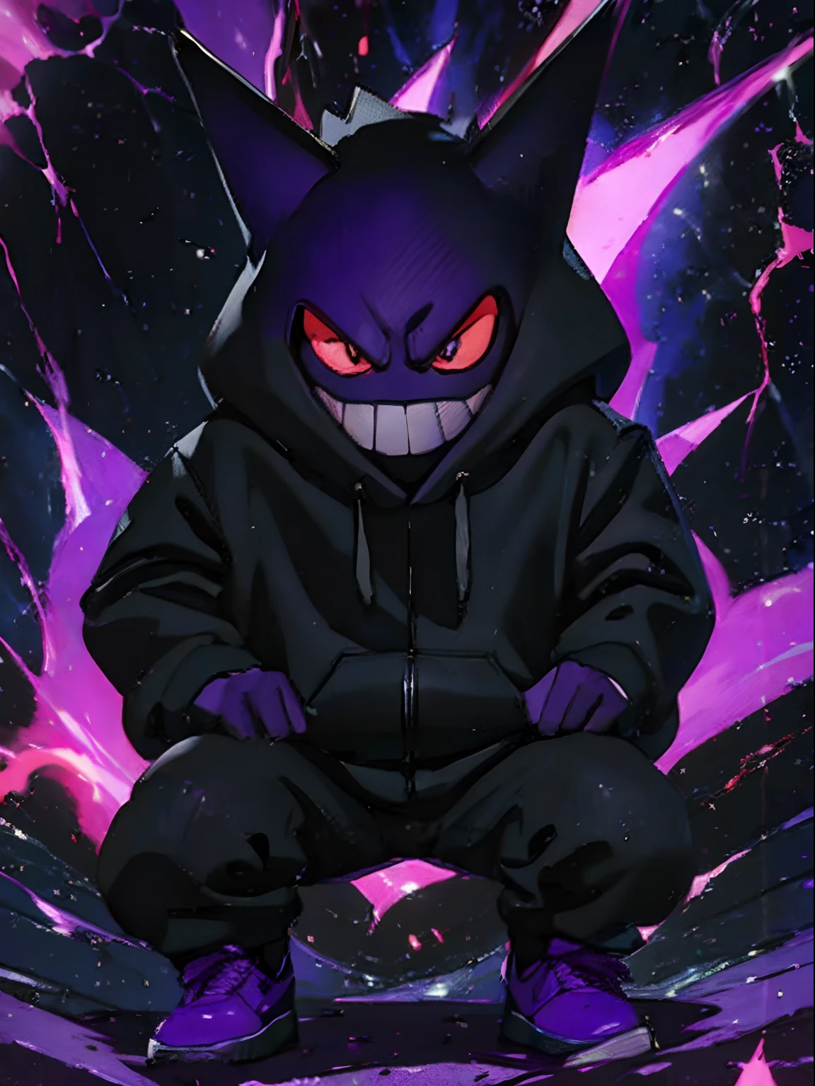 Gengar wearing black and dark purple nike air force ones and a black hoodie