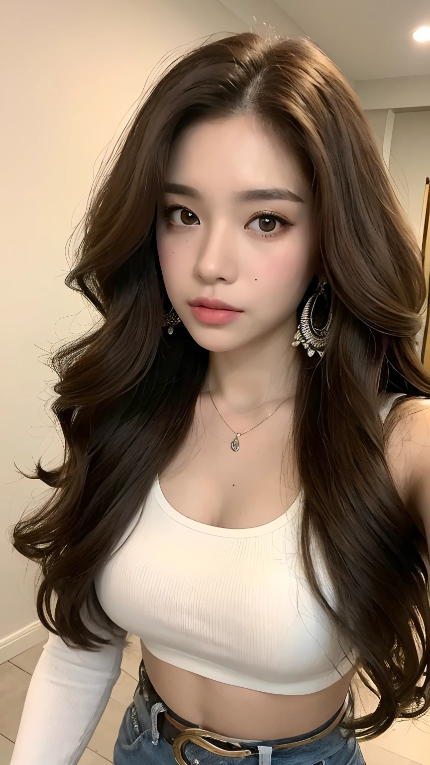 ((best qualtiy, 8K, tmasterpiece:1.3)), Focus:1.2, perfect figure beautiful woman:1.4, Cocked buttocks:1.2, ((Random Long Thick Hairstyle) ((Brown Wavy Hair In Big Curls))(Long white legs:1.3,(Crop Top With Jean Shorts With Belt :1.2) , (inside in room: 1.2), Highly detailed facial and skin texture, A detailed eye, 二重まぶた,Whiten skin,(Straight big breasts:1.3), looking at camera, Wear a necklace, Earrings