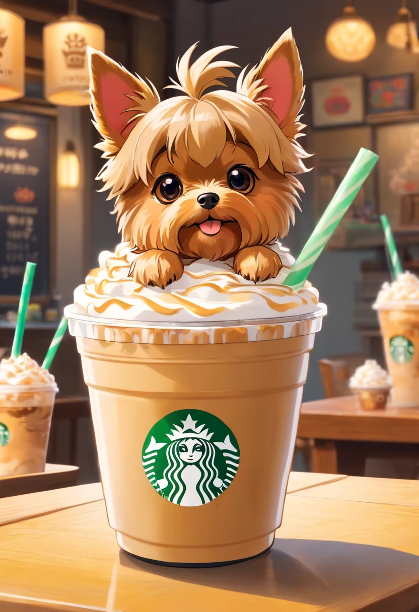 Unique, Cartoonish playful cute Yorkshire terrier shaped cup, Colorful Starbucks-style frappuccino, Yorkshire Terrier logo.