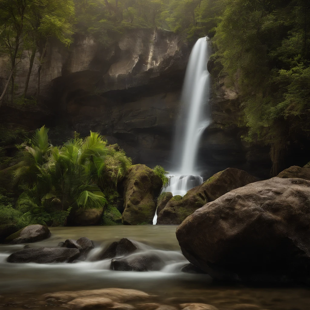 Paradisiacal beach with a river, a steep rock with a waterfall and a 16th century English galleon