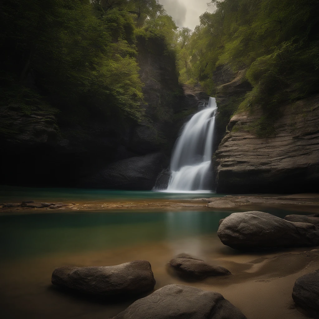 Paradisiacal beach with a river, a steep rock with a waterfall and a 16th century English galleon