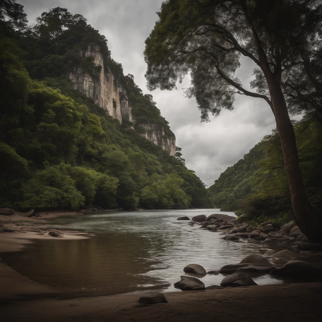 Paradisiacal beach with a river, a steep rock with a waterfall and a 16th century English galleon