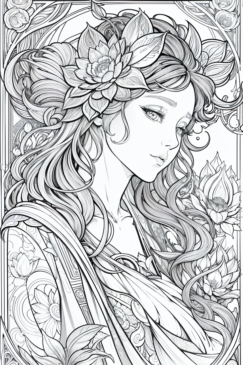 lotuses,Book page coloring art, All-white background, Use only outlines, line art, coloring book, Clean line art, datura,For coloring with natural ornaments, Simple and clean line art, coloring book page, Decorated in Art Nouveau, With a brush of Alphonse Mucha, perfect detail, Real, whaite hair