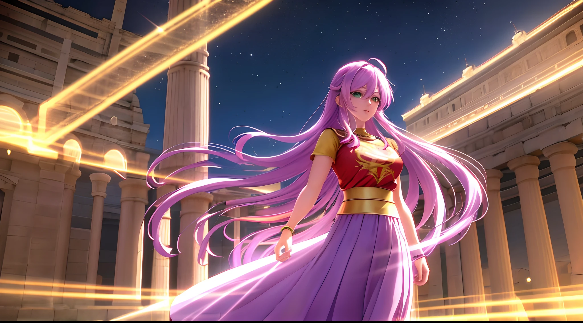 Athena with plain long light purple hair,hair between eyes,green eyes,rosy cheeks,full lips,thin eyebrows,slender body,wearing dragon ball goku t-shirt and full long skirt,praying beads on neck,cute anime girl,full body,Colloseum in background,anime style,Lumen Reflections,Screen Space Reflections,Diffraction Grading,Chromatic Aberration,GB Displacement,Scan Lines,Ray Traced,Anti-Aliasing,FXAA,TXAA,RTX,SSAO,Shaders,OpenGL-Shaders, GLSL-Shaders,Post Processing,Post-Production,cell Shading,Tone Mapping,CGI,VFX,SFX,insanely detailed and intricate, 4K,standing, solo, masterpiece, best quality, detailed face, detailed eyes, highres, standing, solo,masterpiece, best quality