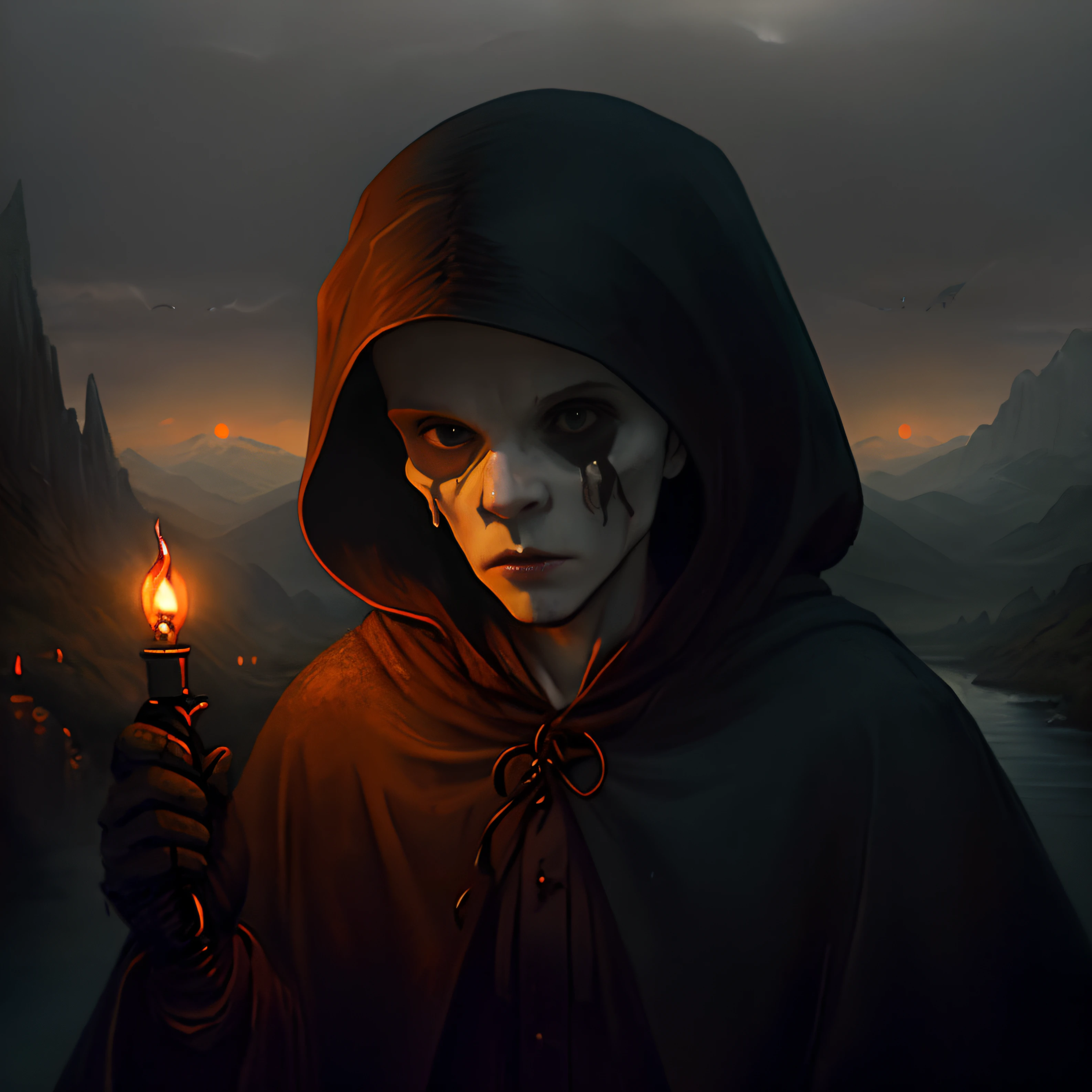(best quality, exceptional quality, dimly lit), despair, contemplating suicide, the Grim Reaper lurking in the Valley of Shadows. Raw, award-winning masterpiece, landscape painting, vampire, Yin Yang Master