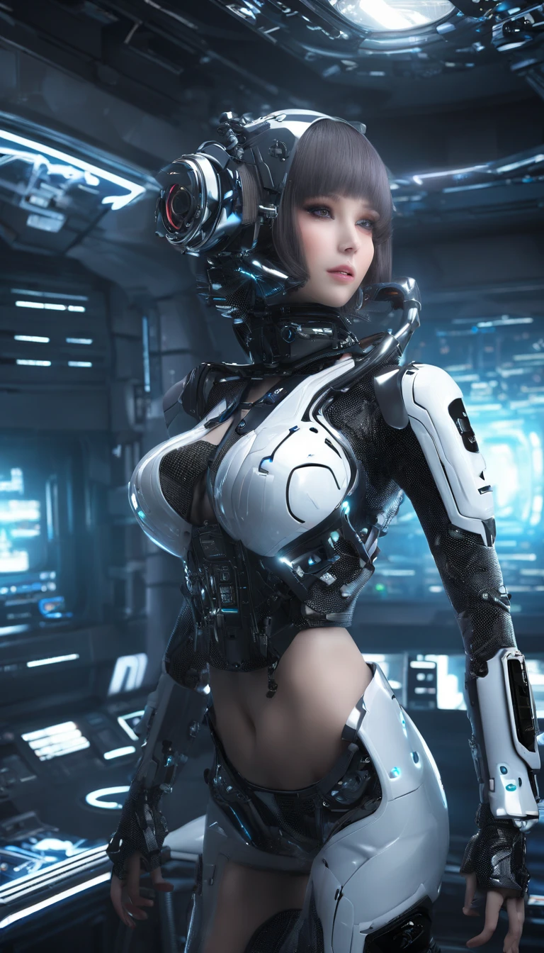 ((Best Quality)), ((Masterpiece)), (Very detailed: 1.3), 3D, rfktr_technotrex, Beautiful cyberpunk woman, shaggy hair, (wearing thick and high-tech head-mounted display: 1.2), Invasion of computer terminals, Computer servers, LCD screens, fiber optic cables, Company logo, HDR (High Dynamic Range), Ray Tracing, NVIDIA RTX, Super Resolution, Unreal 5, Subsurface Scattering, PBR Textures, Post-processing, Anisotropic filtering, depth of field, maximum sharpness and sharpness, multi-layer textures, albedo and highlight mapping, surface shading, accurate simulation of light-material interactions, perfect proportions, octane rendering, duotone lighting, low ISO, white balance, rule of thirds, wide aperture, 8K RAW, efficient sub-pixels, subpixel convolution, luminous particles, light scattering, tyndall effect, sexy big breasts, half-exposed breasts, sexy legs