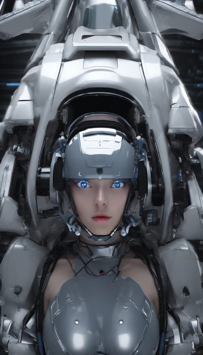 tmasterpiece、top-quality、hyper HD、Top resolution、The is very detailed、profesional lighting、illustratio、(Futuristic spaceship interior interior)、(Inside the space station)、Space airliner seats、chest circumference,1人の女性,(Space helmet):1.8,(Spacesuit:1.4),(Glossy latex silver bodysuit):1.3,(deadpan:1.5),(real face):1.5,(Very long hair):1.2,(Dark hair), Shiny hair accessories, Earphone,Spacesuit,Colossal tits、(A slight smil:1.0)、pretty skin、Japanese girl, Big breasts,